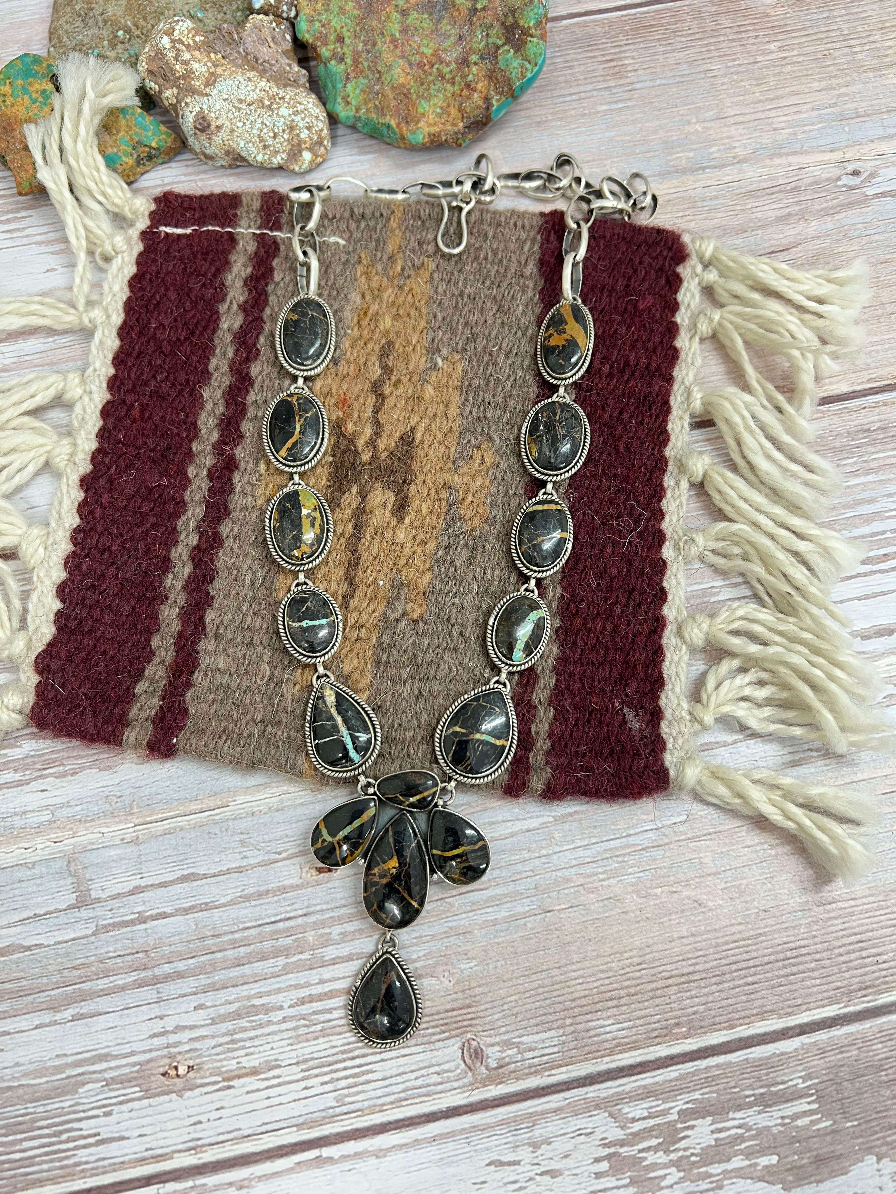 Handmade Sterling Silver Black Jack Necklace with Signed Nizhoni