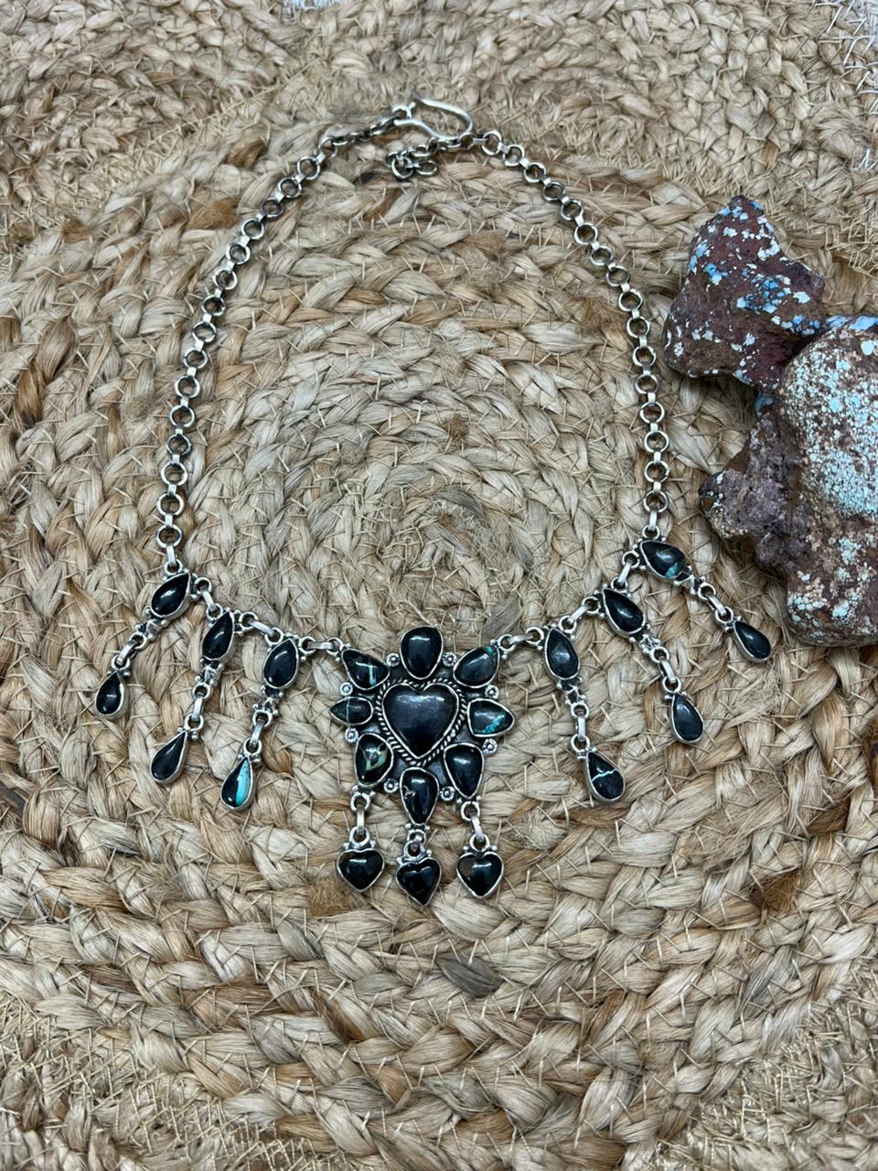 Handmade Sterling Silver Blackjack Turquoise Choker Necklace "Signed Nizhoni"