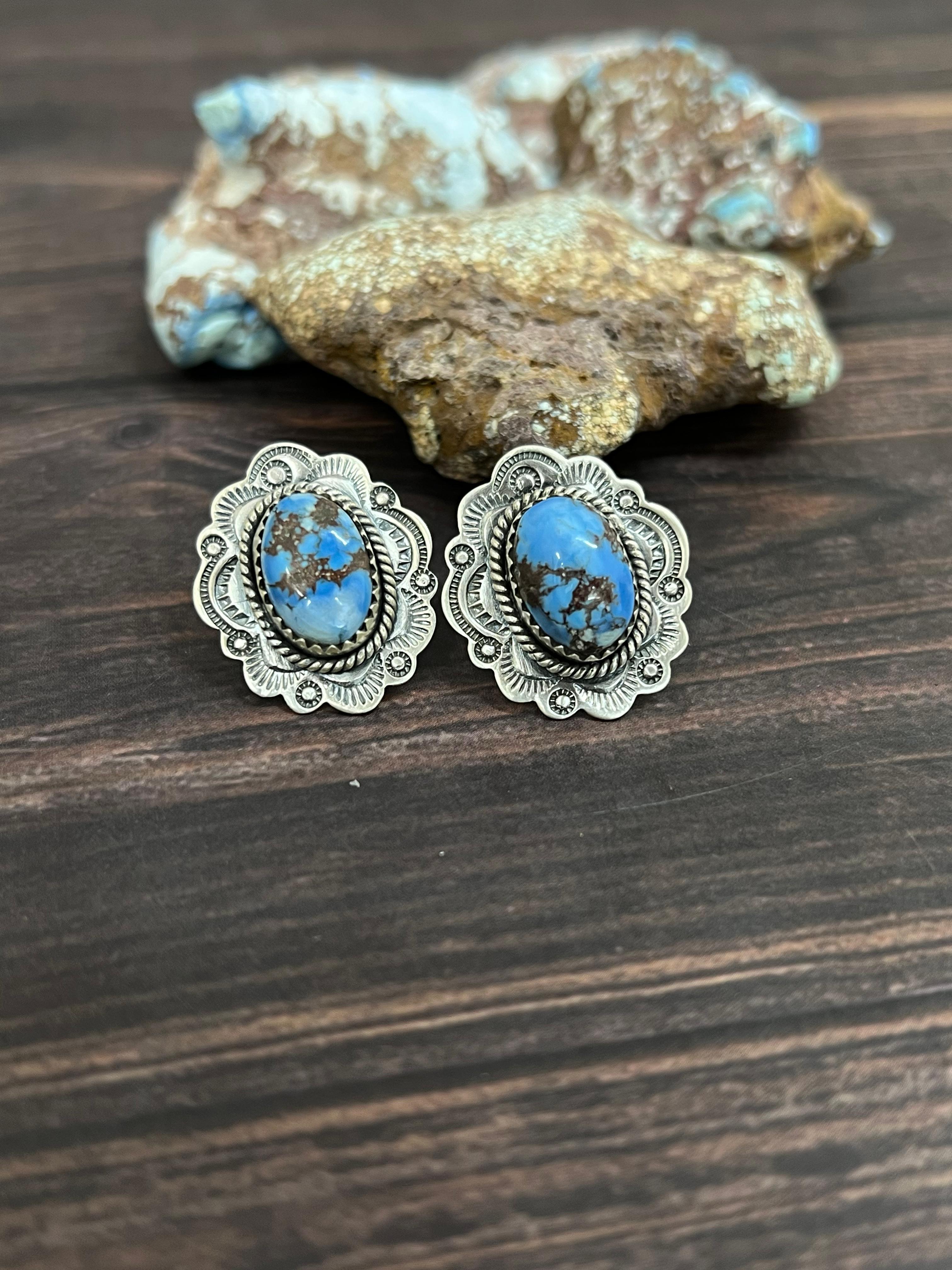 Handmade Sterling Silver Golden Hills Turquoise Post Studs with Signed Nizhoni