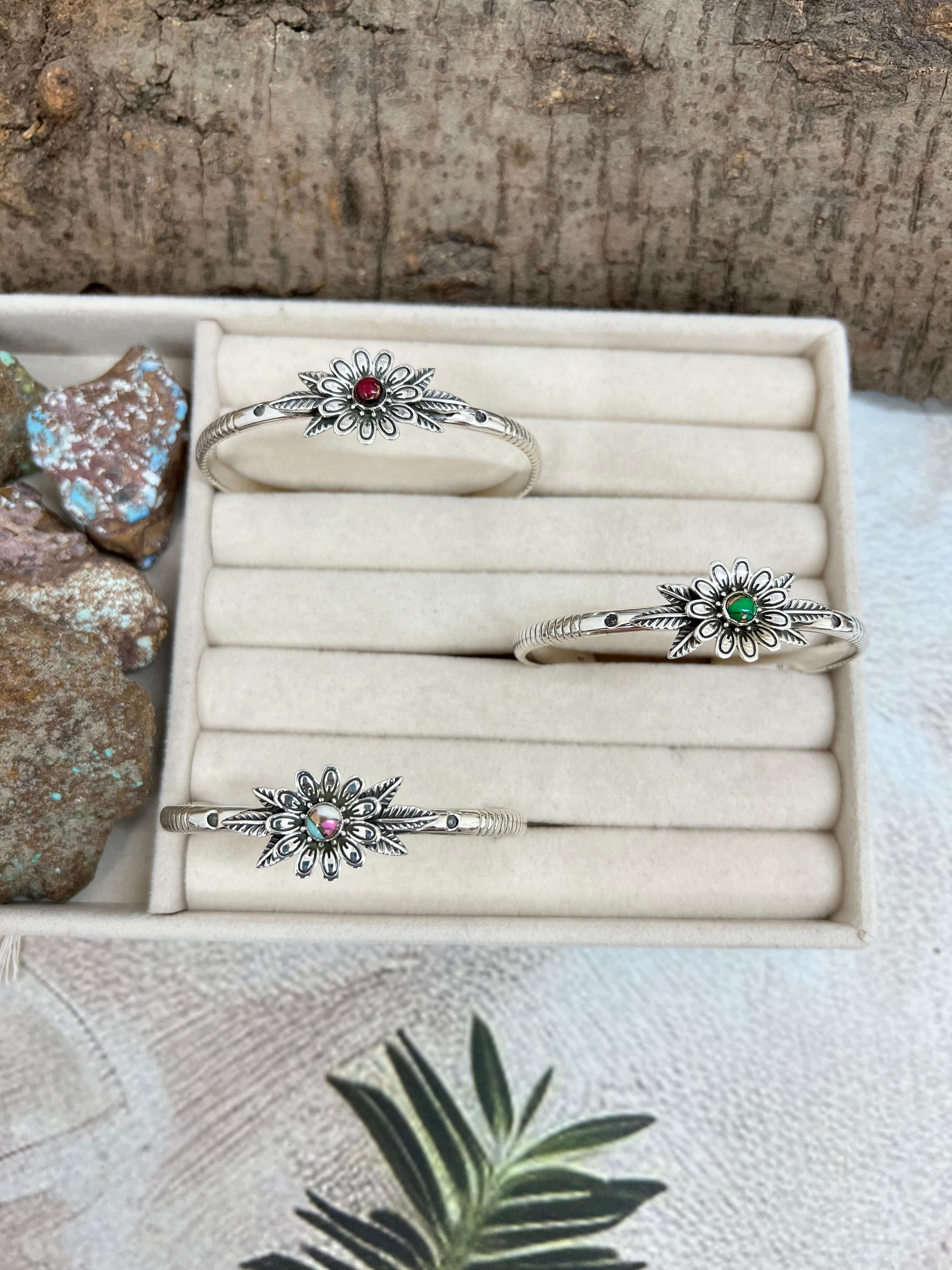 Handmade Sterling Silver Peacock Dahlia, Cotton Candy Turquoise, Dahlia Rose Cuff Bracelet with Signed Nizhoni (4)