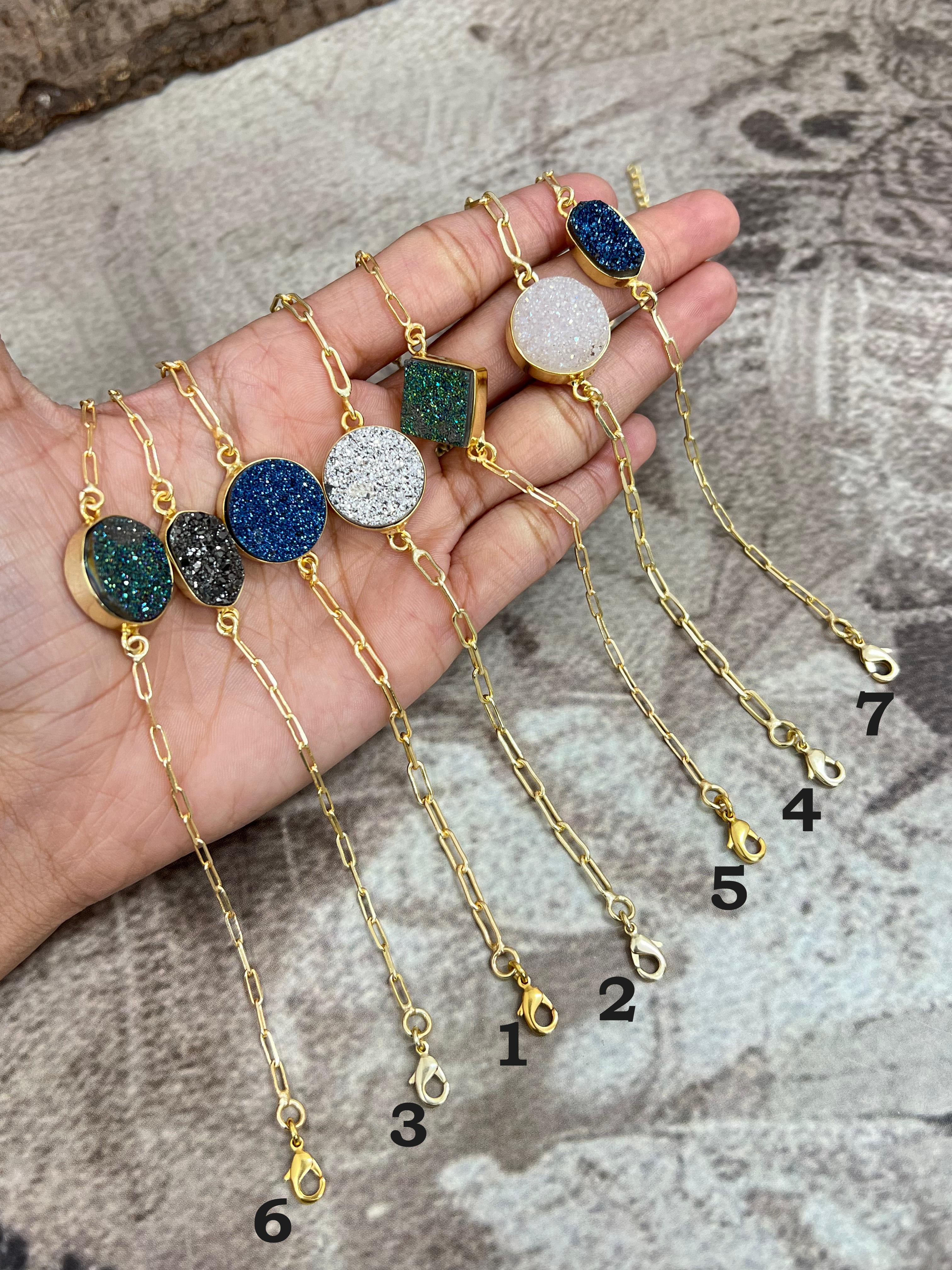 “The Boho Collection” Handmade Natural Gold Plated 1 Stone Druzy Chain Bracelet