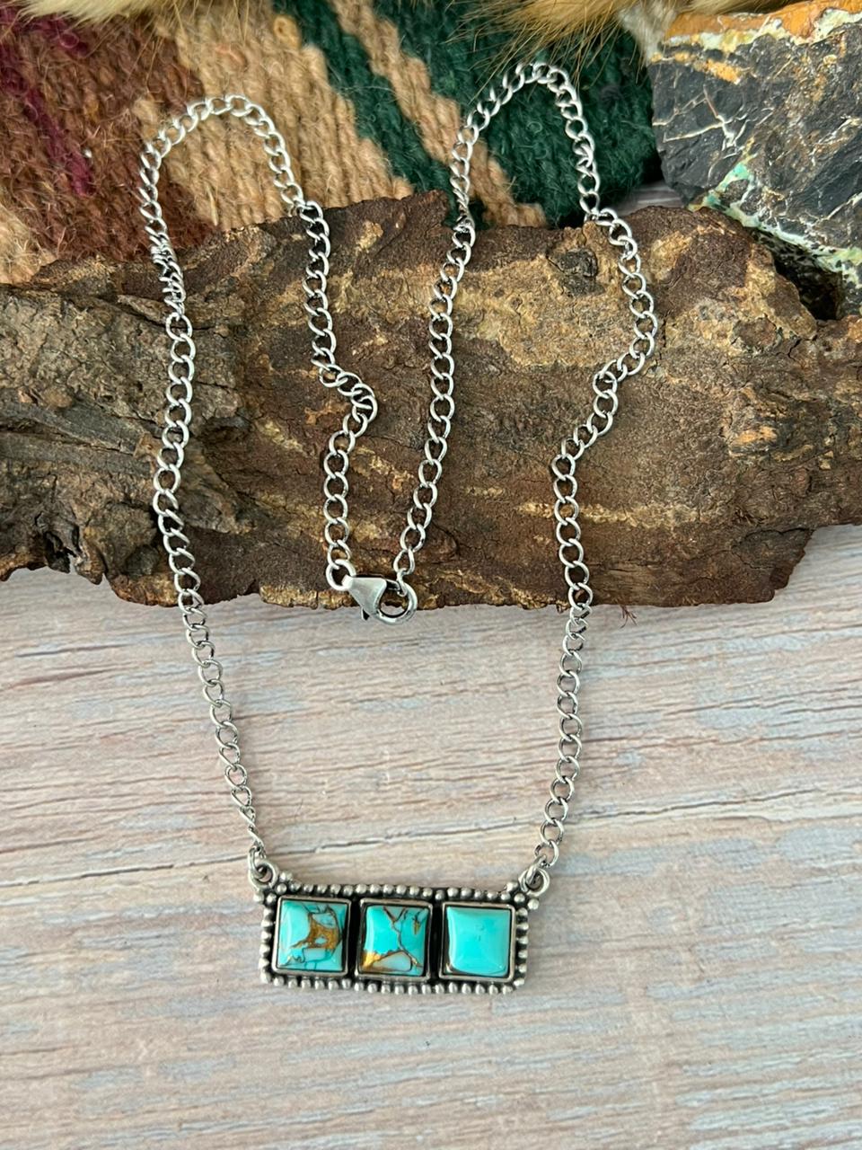 Handmade Sterling Silver Mint Dahlia Collection: Bar Necklace "Signed Nizhoni"
