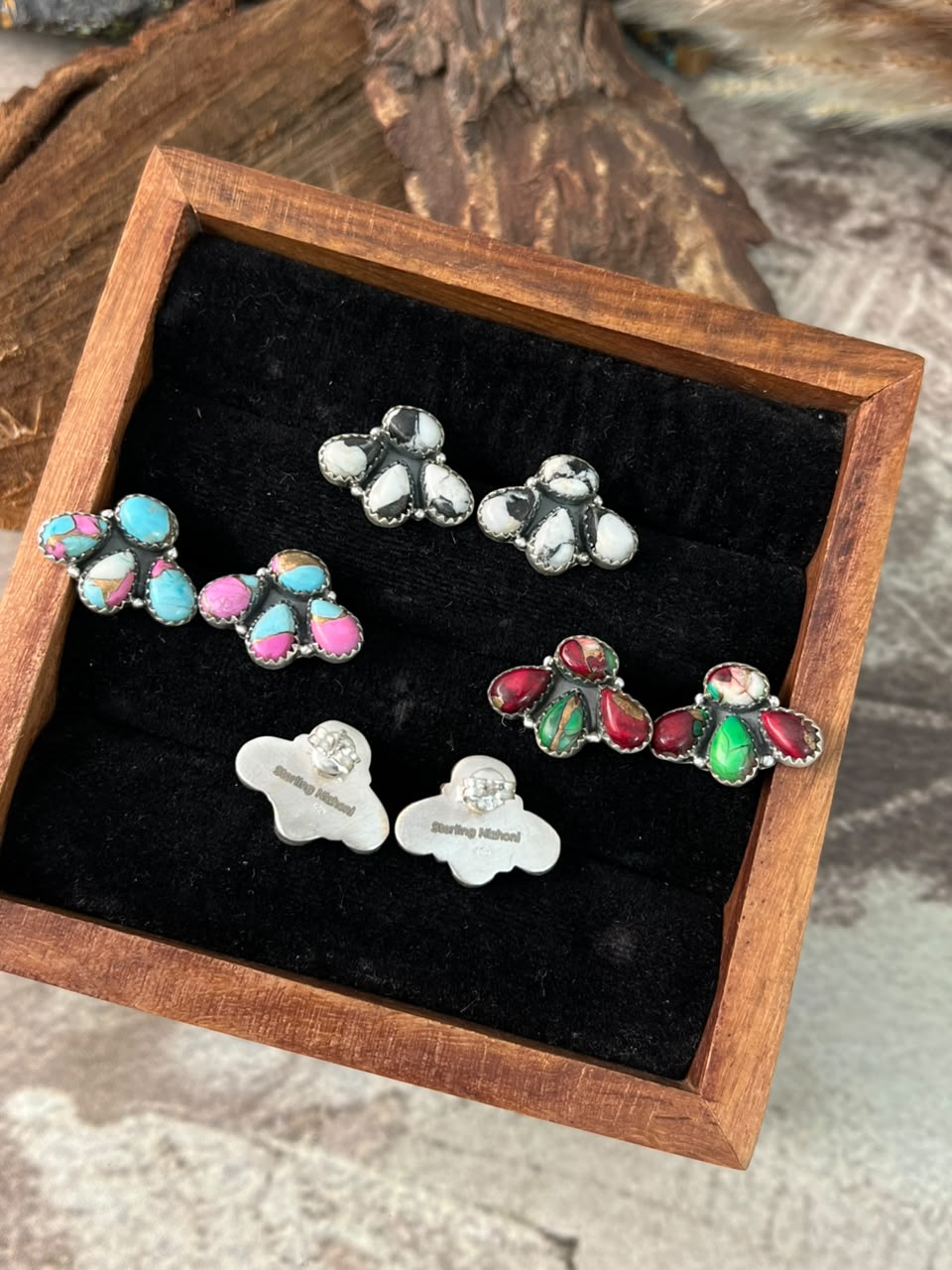 Handmade Sterling Silver Lapis, White Buffalo, Cotton Candy and Christmas Dahlia Mini Backroads Post Earrings Signed Nizhoni