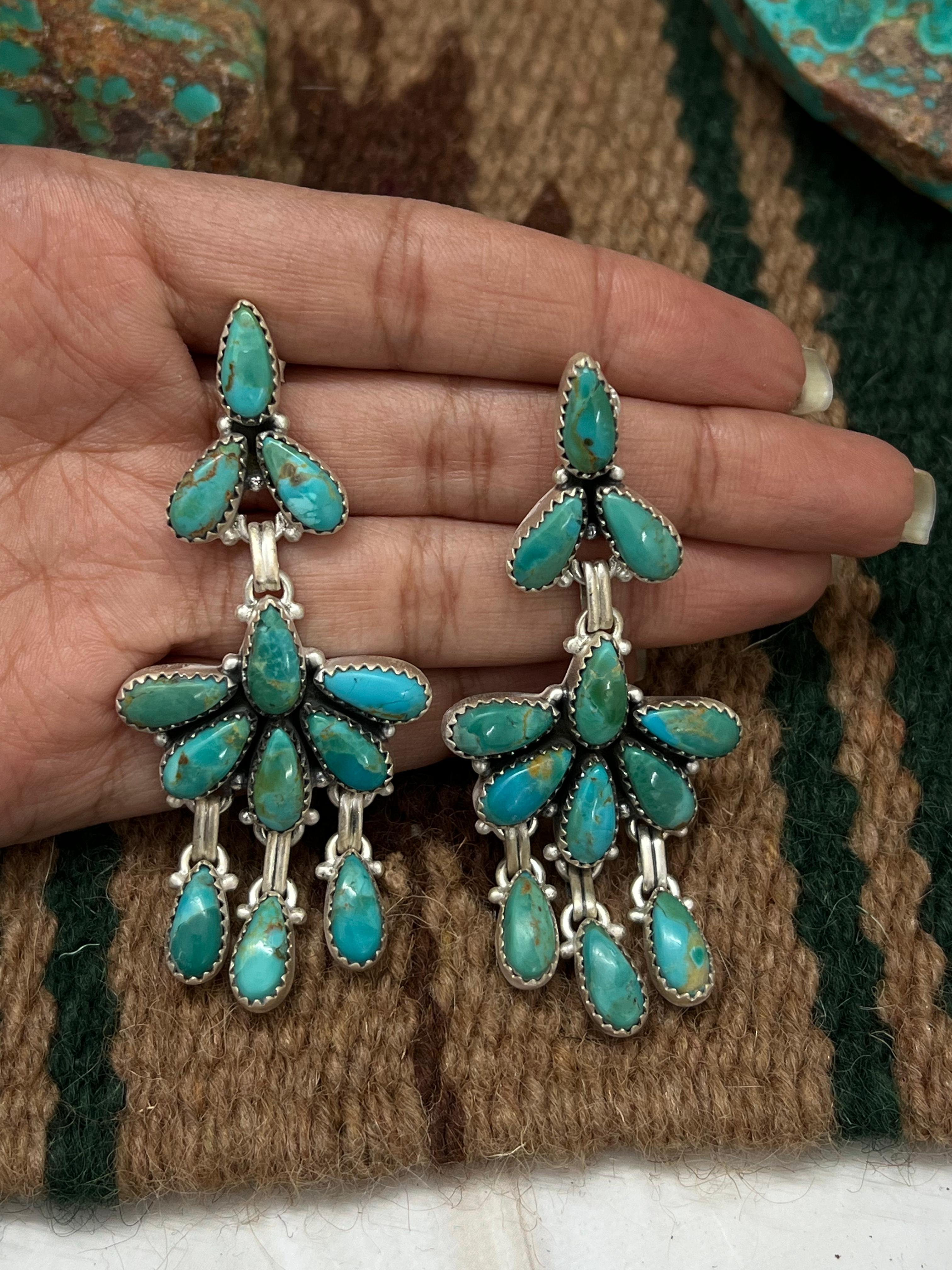 Handmade Sterling Silver Kingman Turquoise Post Dangle Earrings with Signed Nizhoni
