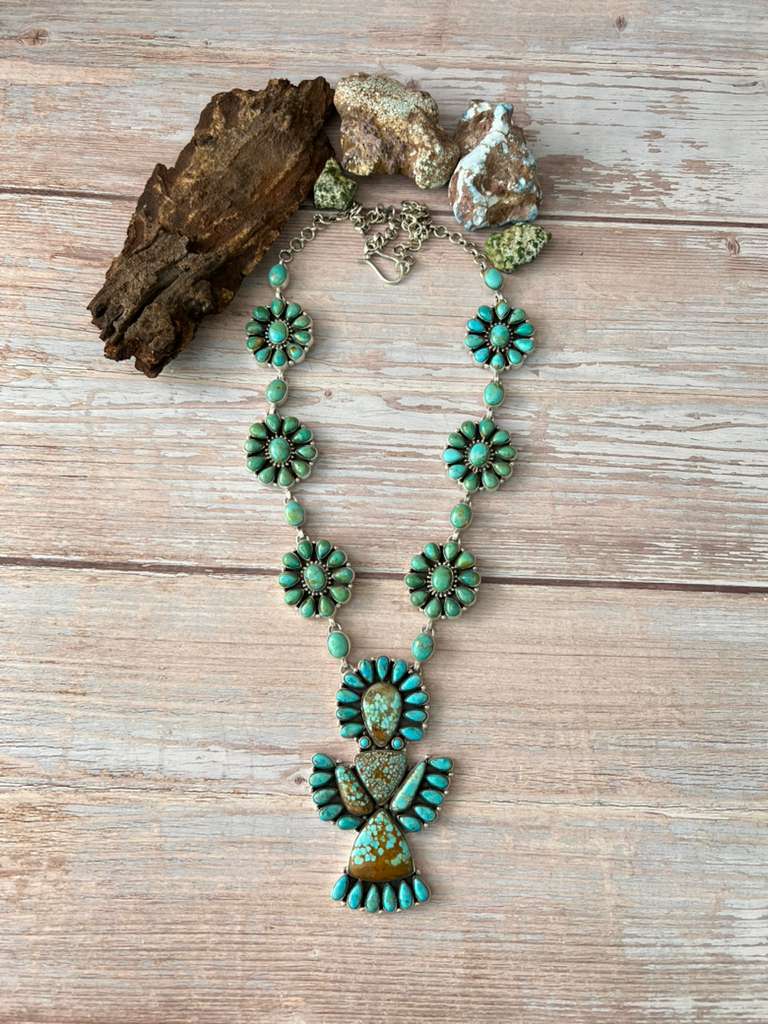 Handmade Sterling Silver Kingman Turquoise with Number 8 Turquoise Necklace with Signed Nizhoni