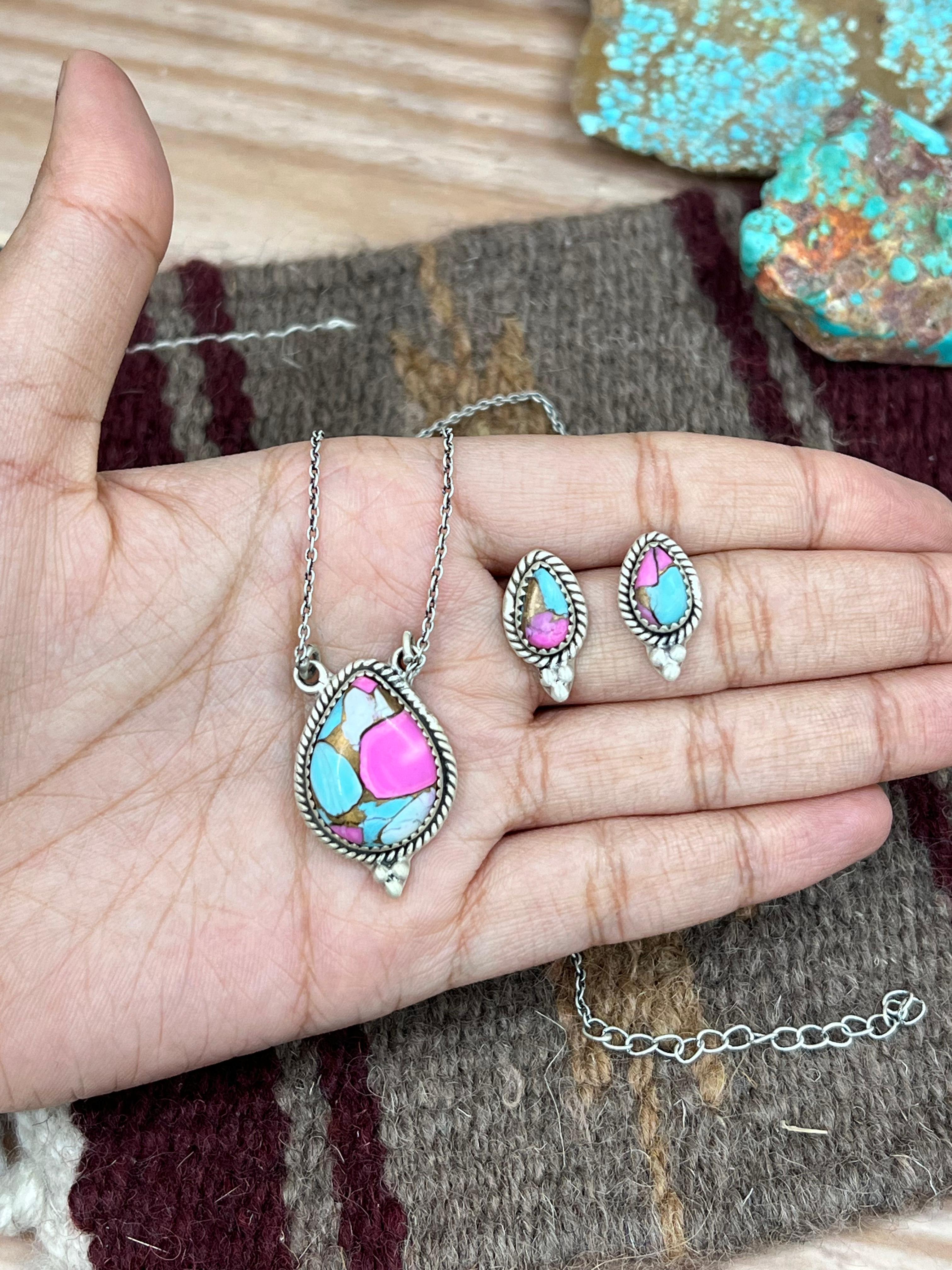 Handmade Sterling Silver Cotton Candy Turquoise Necklace Earrings Set, Signed Nizhoni