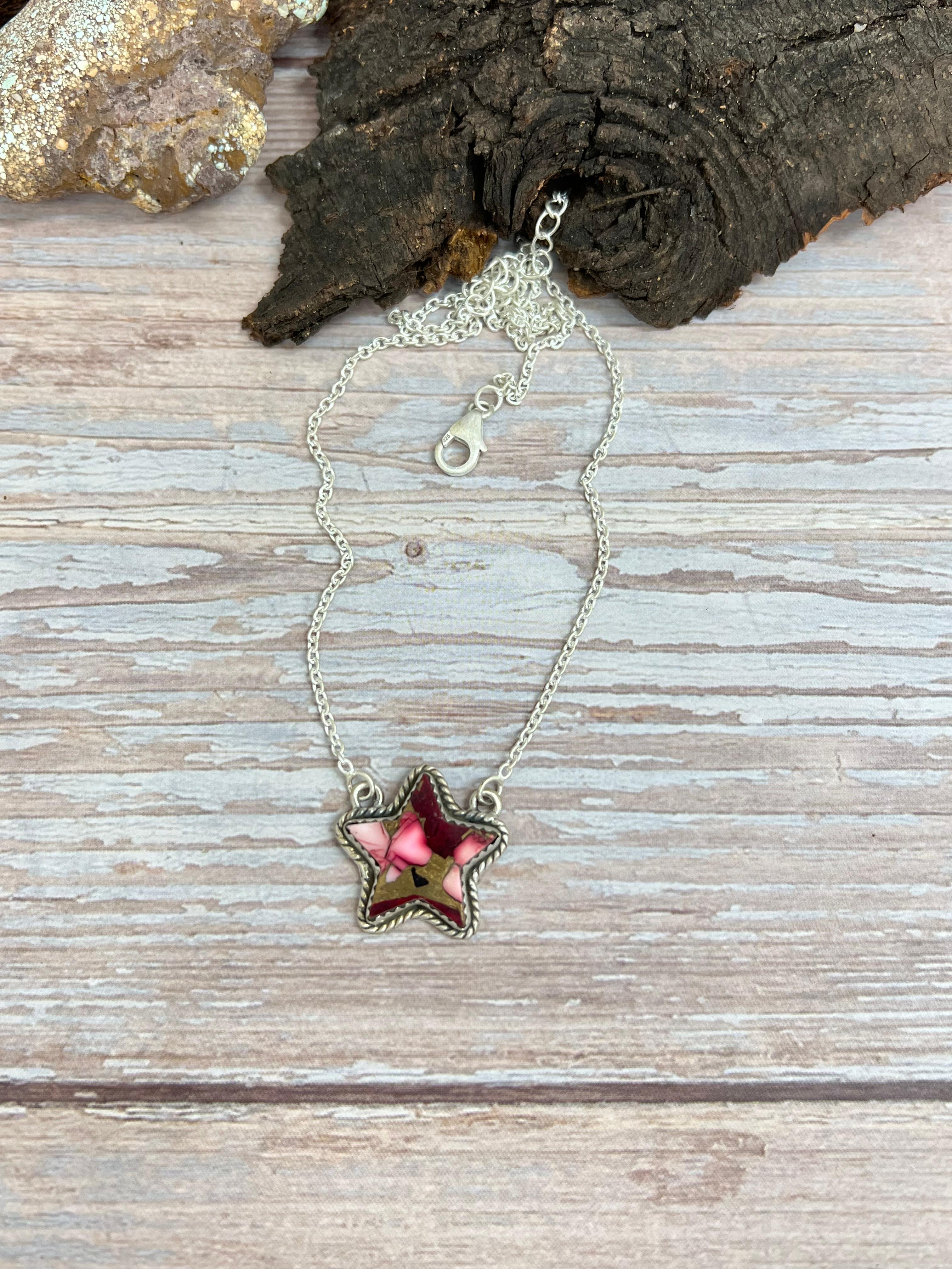 Handmade Sterling Silver Dahlia Rose Star Necklace with Signed Nizhoni