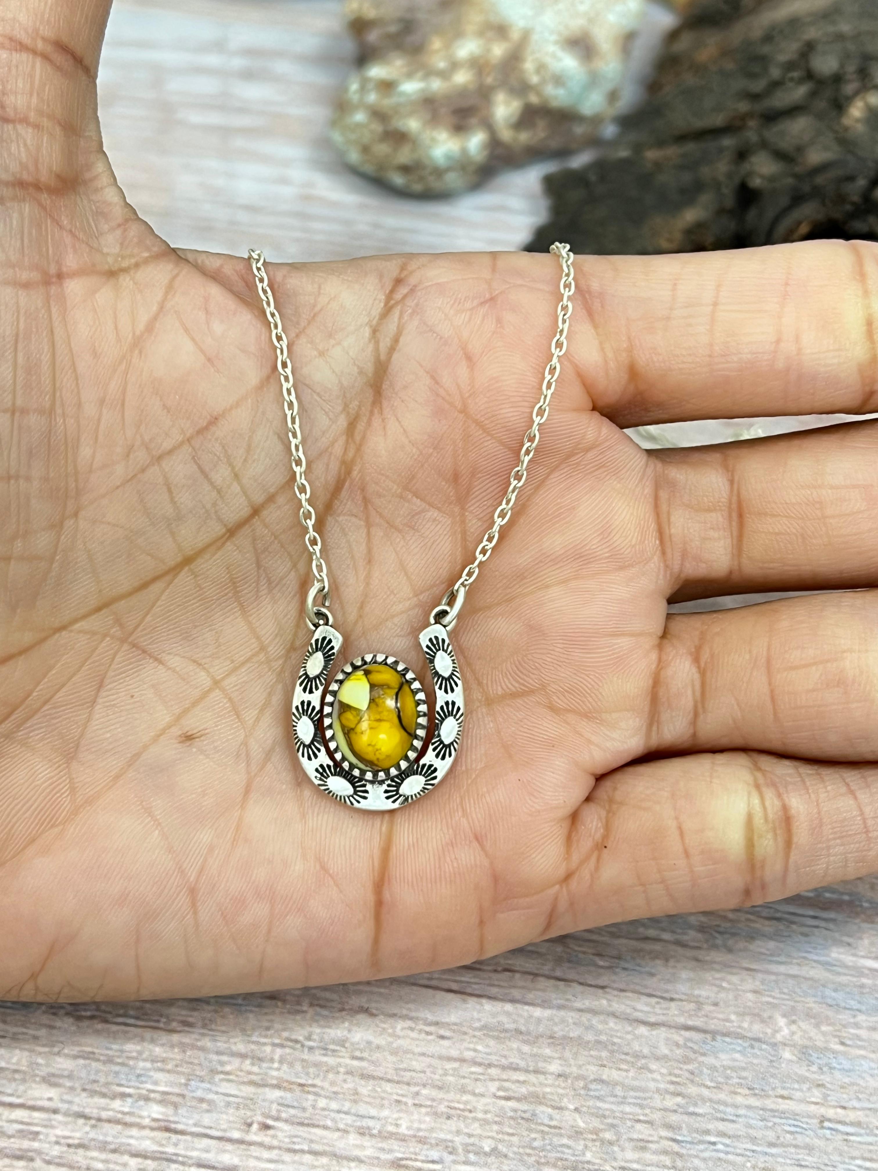 Handmade Sterling Silver Honey Dahlia Horse Shoe Necklace with Signed Nizhoni