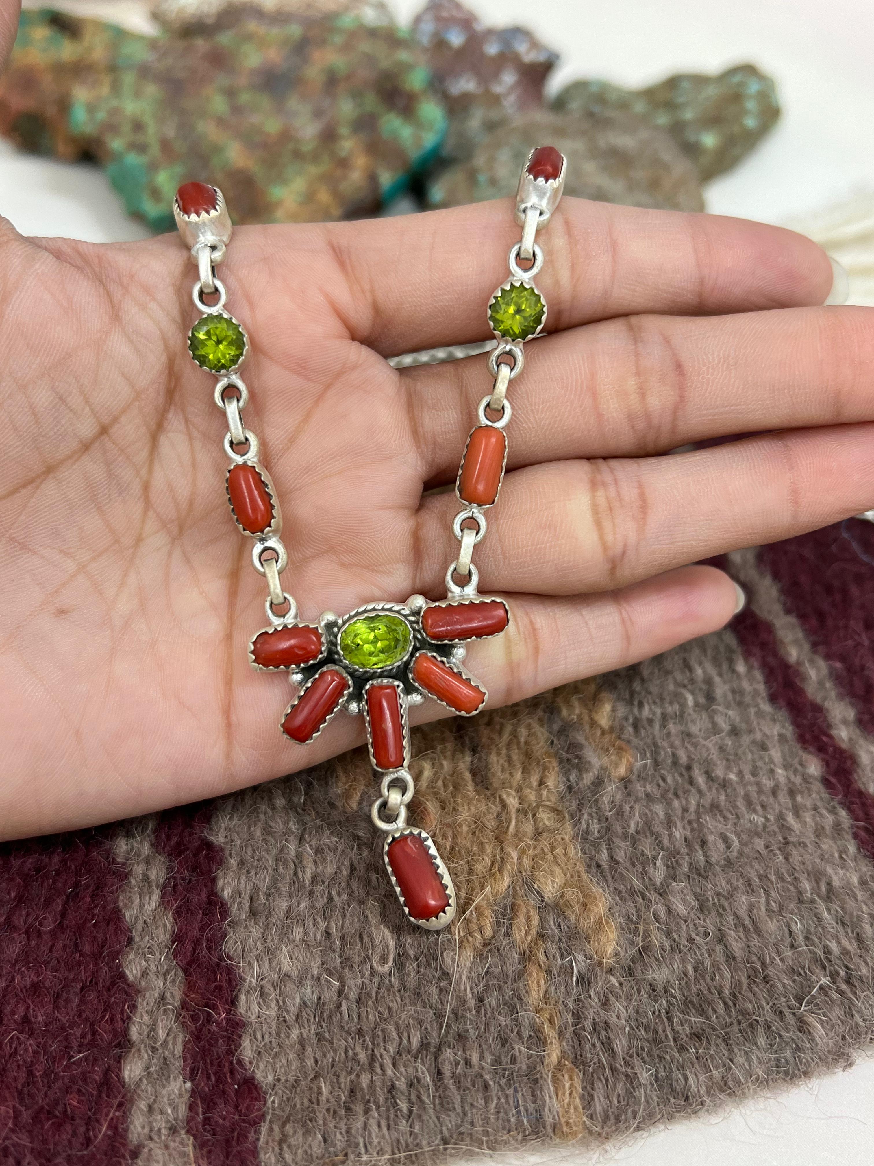 Christmas Collection Handmade Sterling Silver Coral with Peridot Necklace with Signed Nizhoni