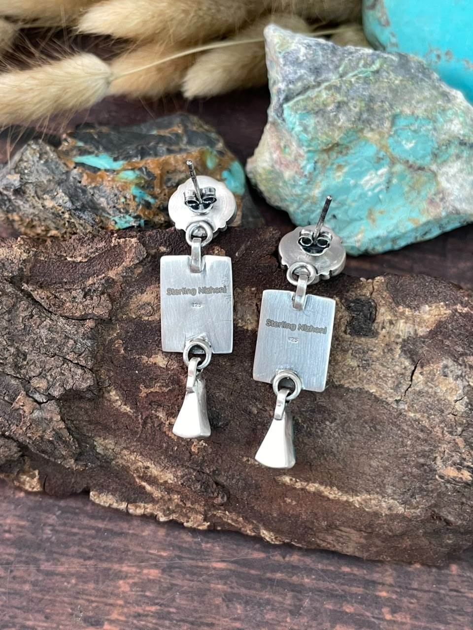 Handmade Sterling Silver Kingman Turquoise NFR Collection: Post Dangle Earrings Signed Nizhoni