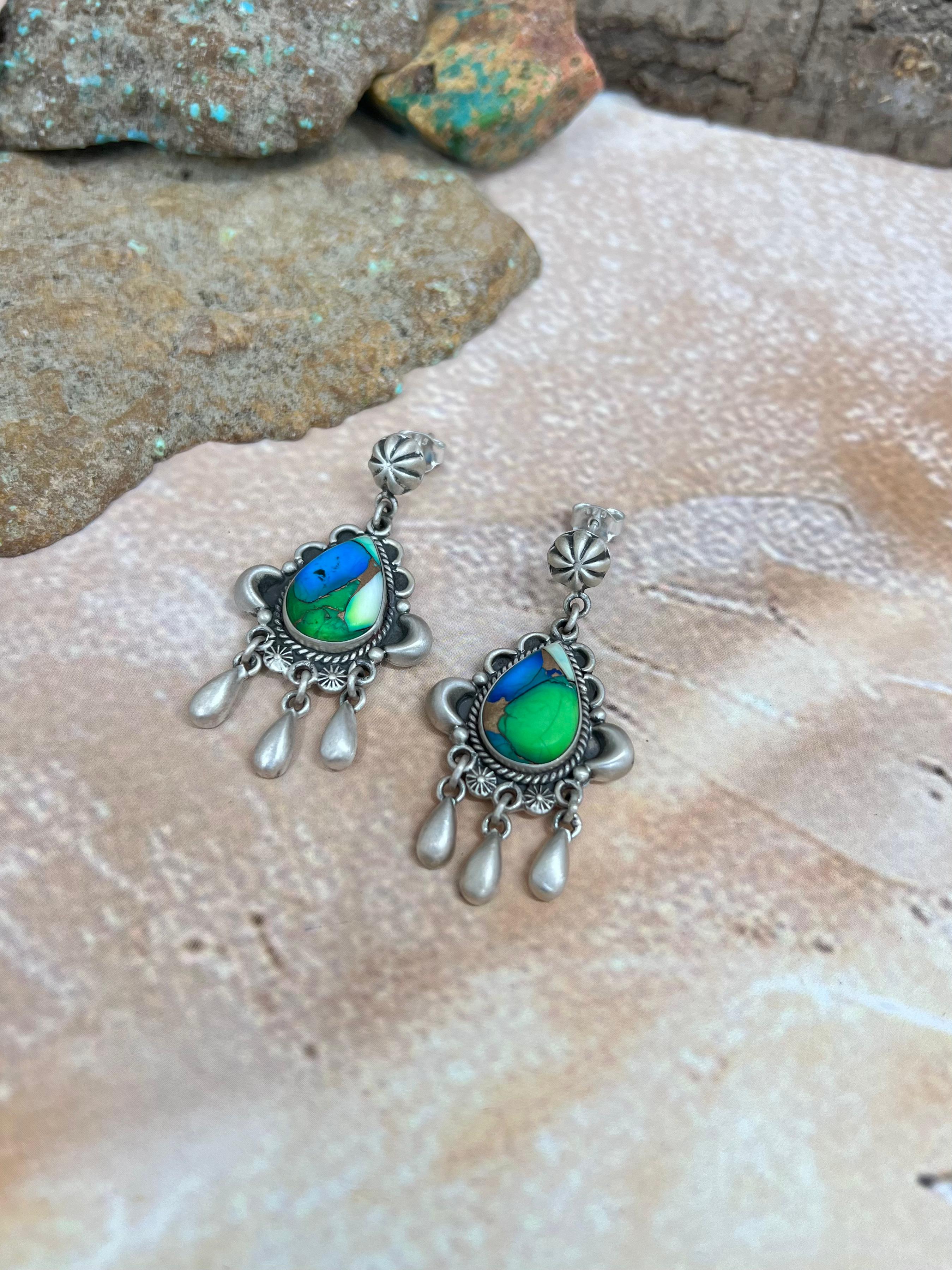 Handmade Sterling Silver Peacock Dahlia Post Earrings with Signed Nizhoni