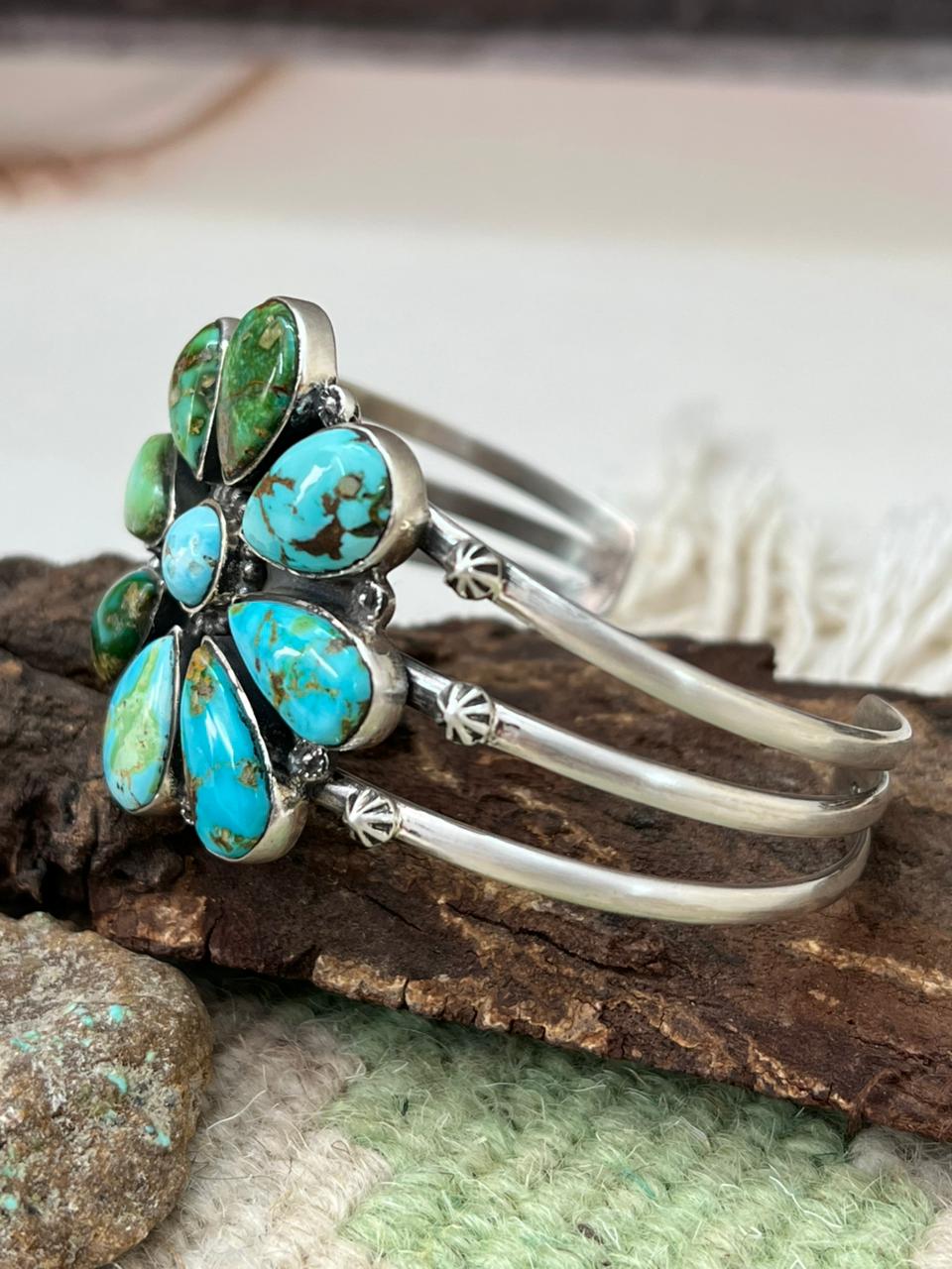 Handmade Sterling Silver Sonoran Mountain with White Water Turquoise Cuff Bracelet "Signed Nizhoni"