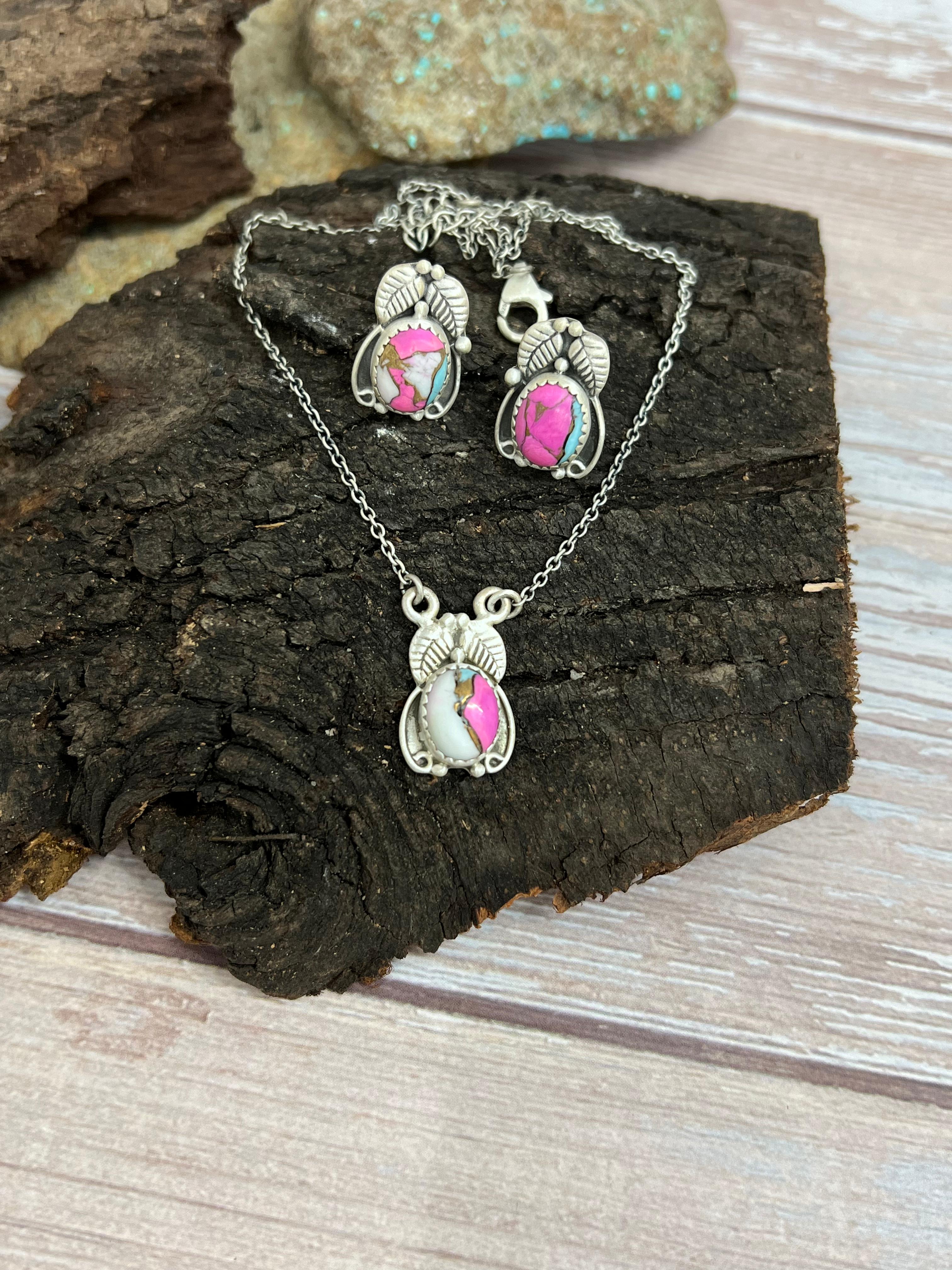 Handmade Sterling Silver Cotton Candy Turquoise Necklace Earrings Set, Signed Nizhoni