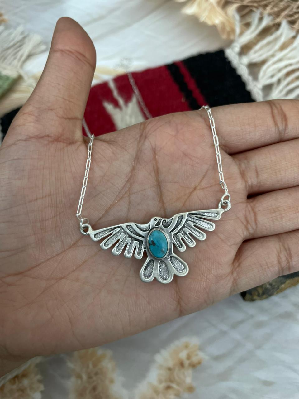 Handmade Sterling Silver Kingman Turquoise Thunder Bird Necklace "Signed Nizhoni"