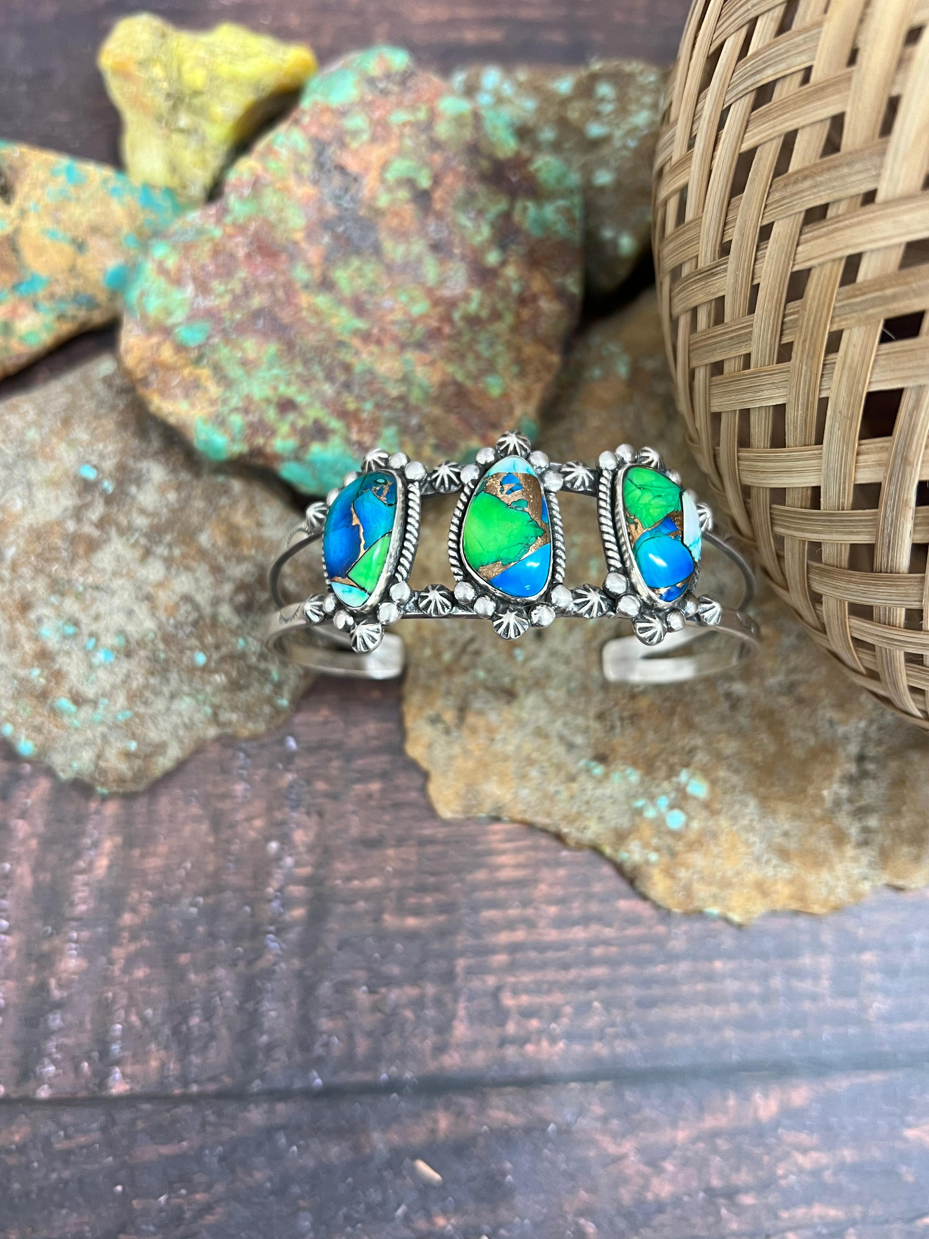 Handmade Sterling Silver Peacock Dahlia Cuff Bracelet with Signed Nizhoni