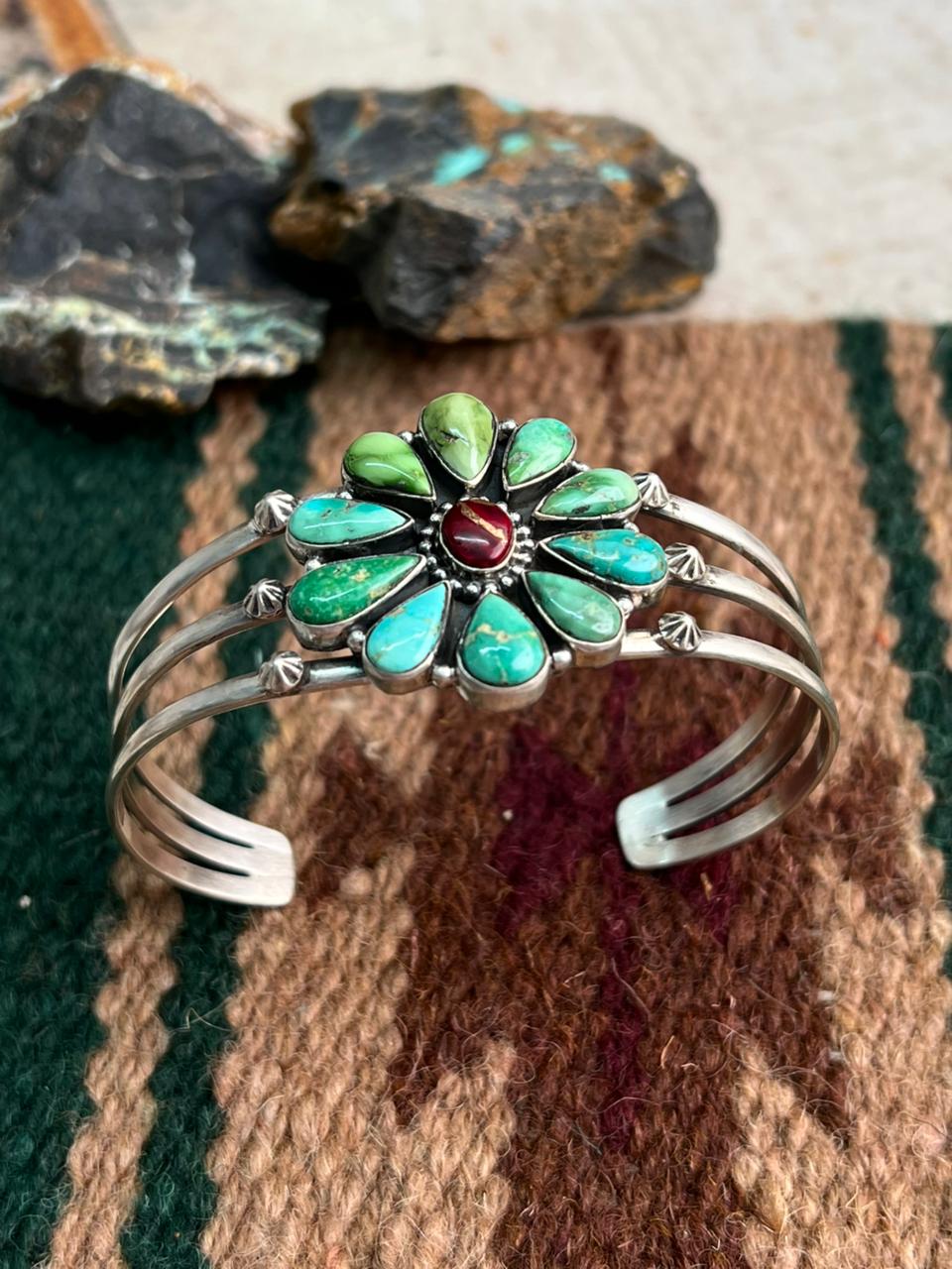 Handmade Sterling Silver Dahlia Rose with Emerald Valley Turquoise Cuff Bracelet "Signed Nizhoni"