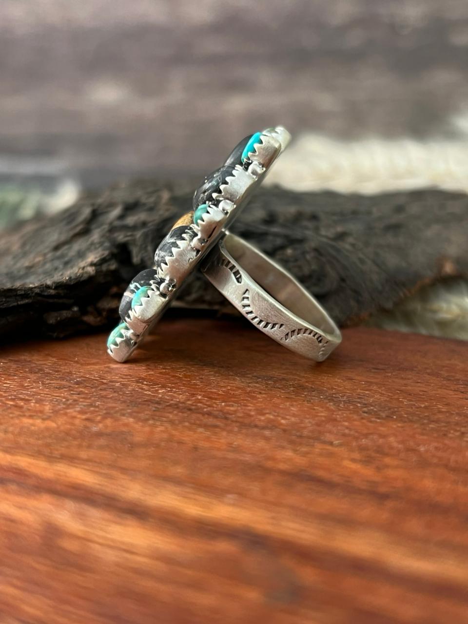Handmade Sterling Silver Blackjack with Kingman Turquoise Adjustable Ring "Signed Nizhoni"