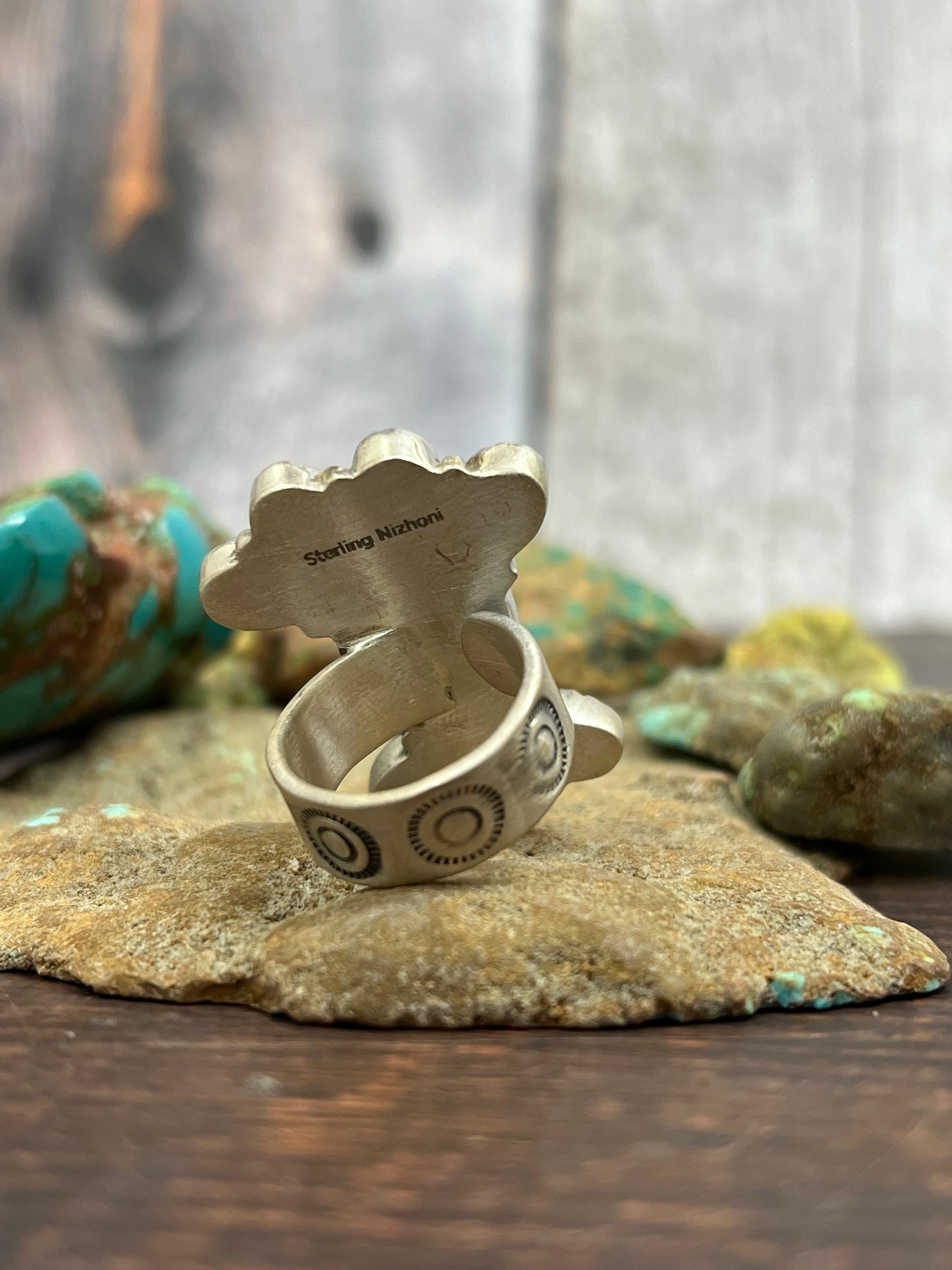 Handmade Sterling Silver Peacock Dahlia Adjustable Ring with Signed Nizhoni