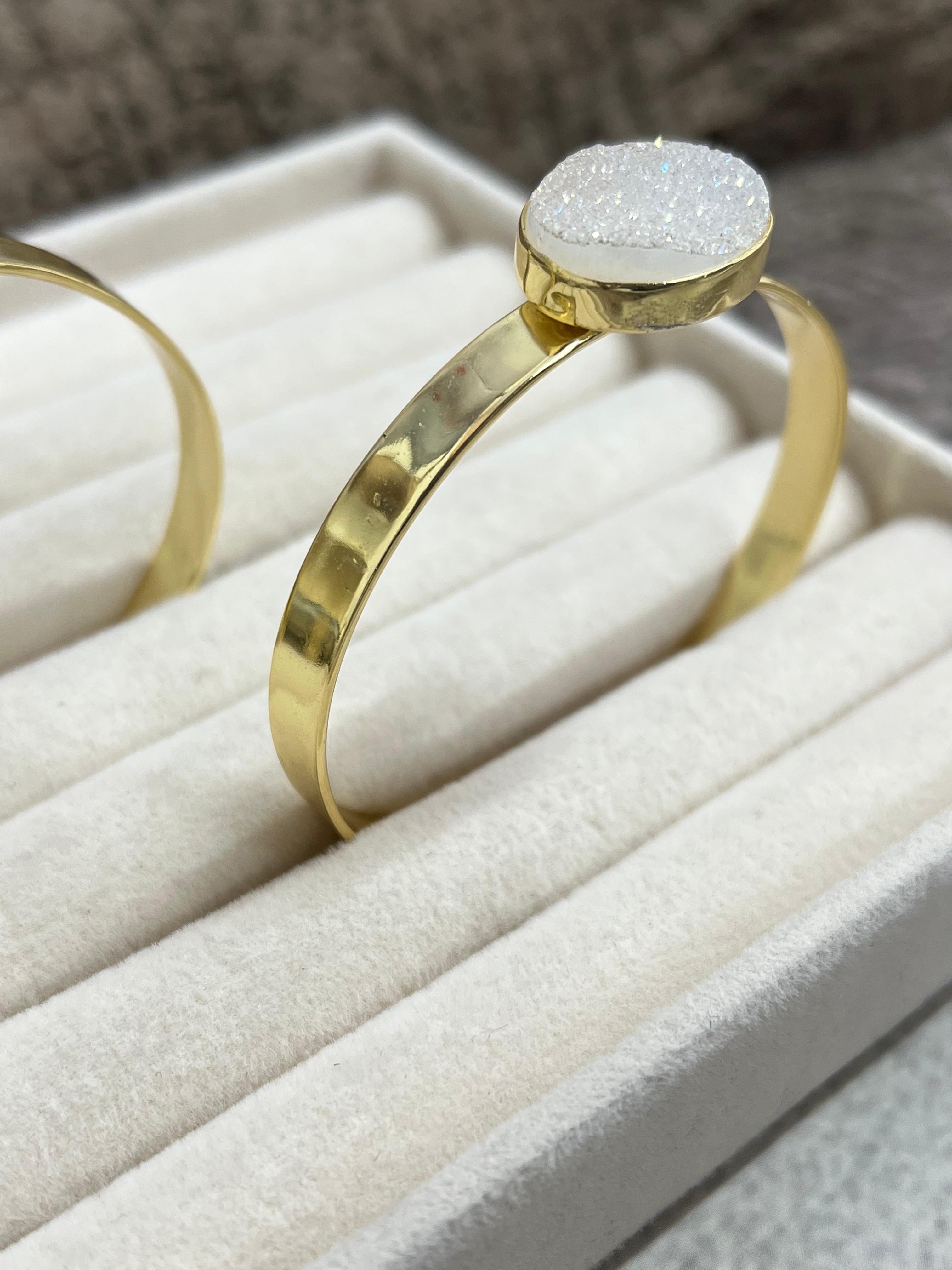 “The Boho Collection” Handmade Natural Gold Plated White Druzy Cuff Bracelet