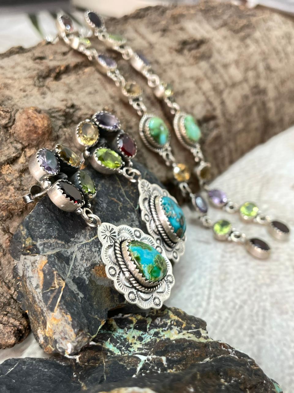 Handmade Sterling Silver Sonoran with Cut Stones Post Dangle Earrings "Signed Nizhoni"