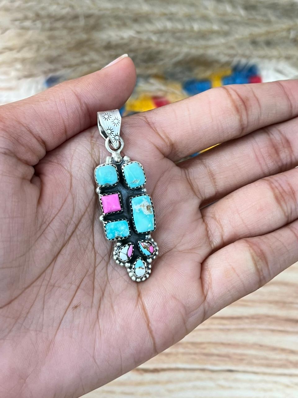 Handmade Sterling Silver Cotton Candy with White Water Turquoise Pendant "Signed Nizhoni"