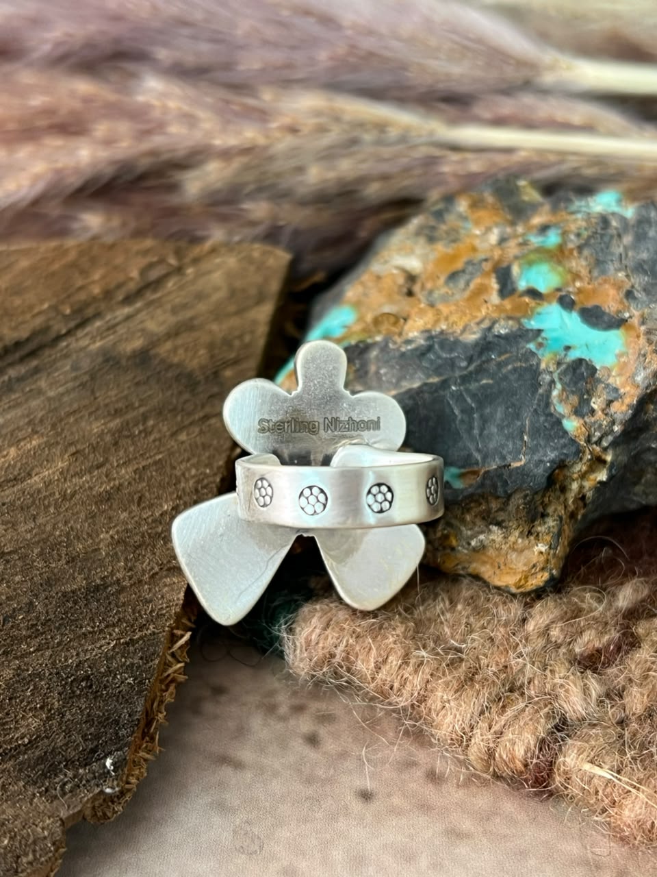 Handmade Sterling Silver Golden Hills Turquoise Adjustable Ring Signed Nizhoni