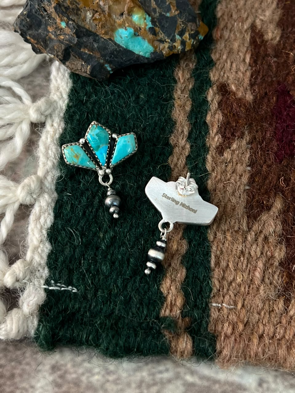 Handmade Sterling Silver Kingman Turquoise Post Dangle Beaded Earrings Signed Nizhoni