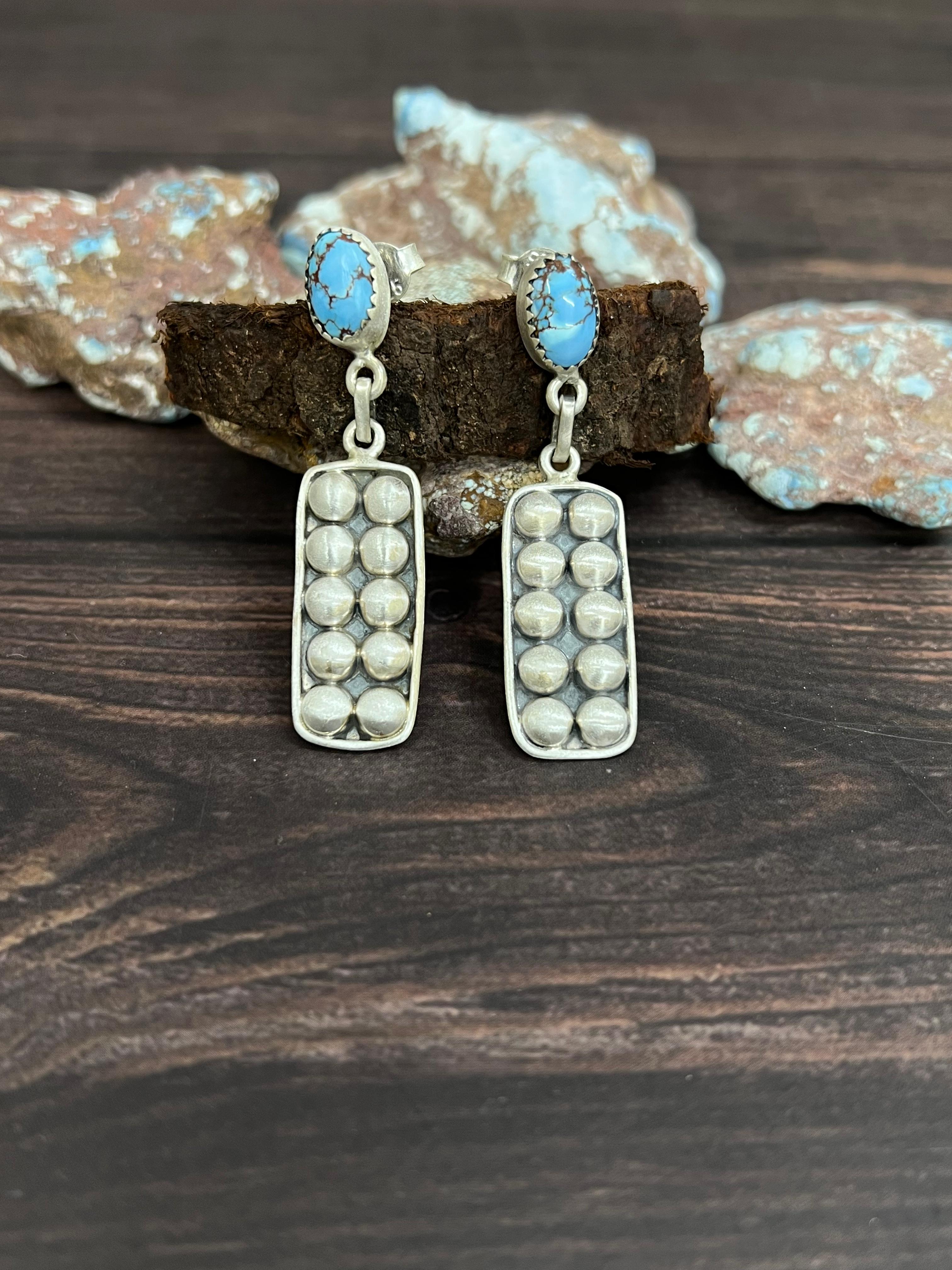 Handmade Sterling Silver Golden Hills Turquoise Post Dangle Earrings with Signed Nizhoni