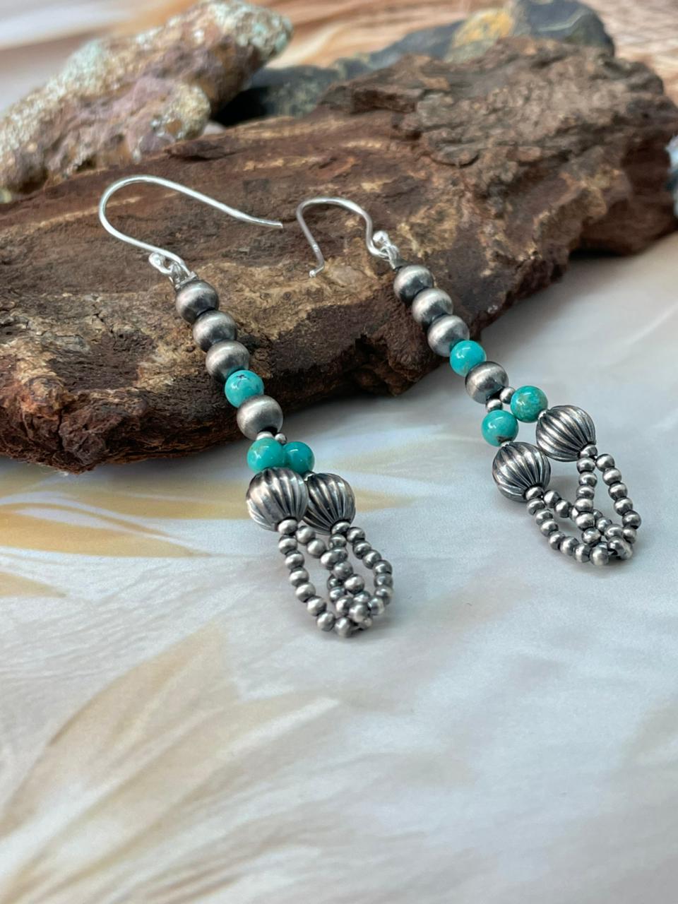 Handmade Sterling Silver Kingman Turquoise Beaded Hook Dangle Earrings