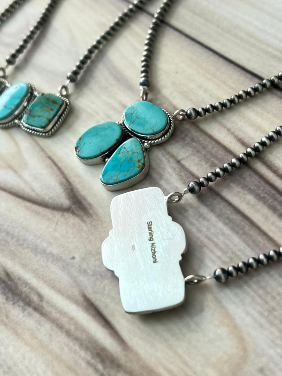 Handmade Sterling Silver Green Kingman Turquoise Collection: Beaded Necklace Signed Nizhoni