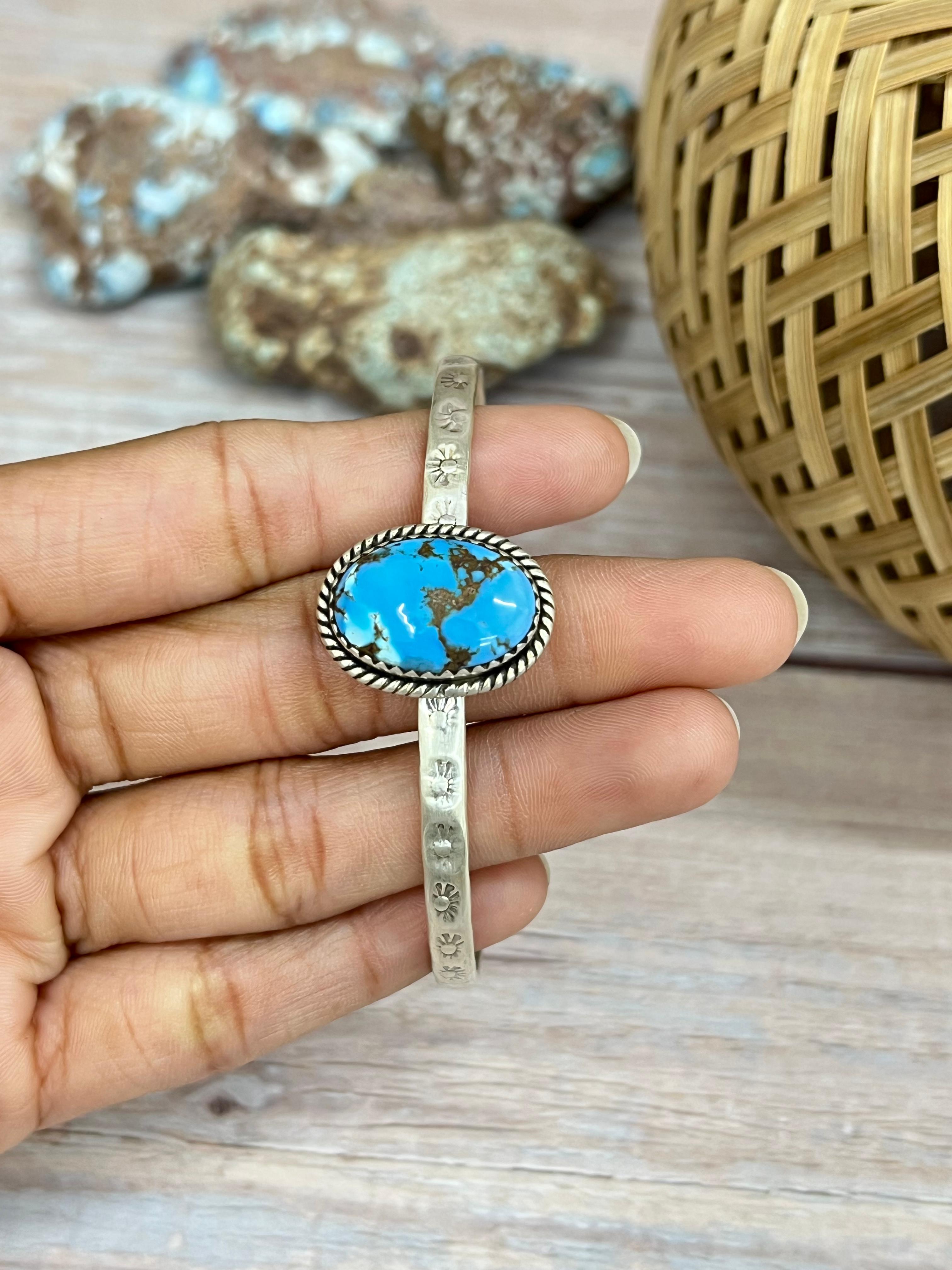 Handmade Sterling Silver Golden Hills Turquoise Cuff Bracelet with Signed Nizhoni