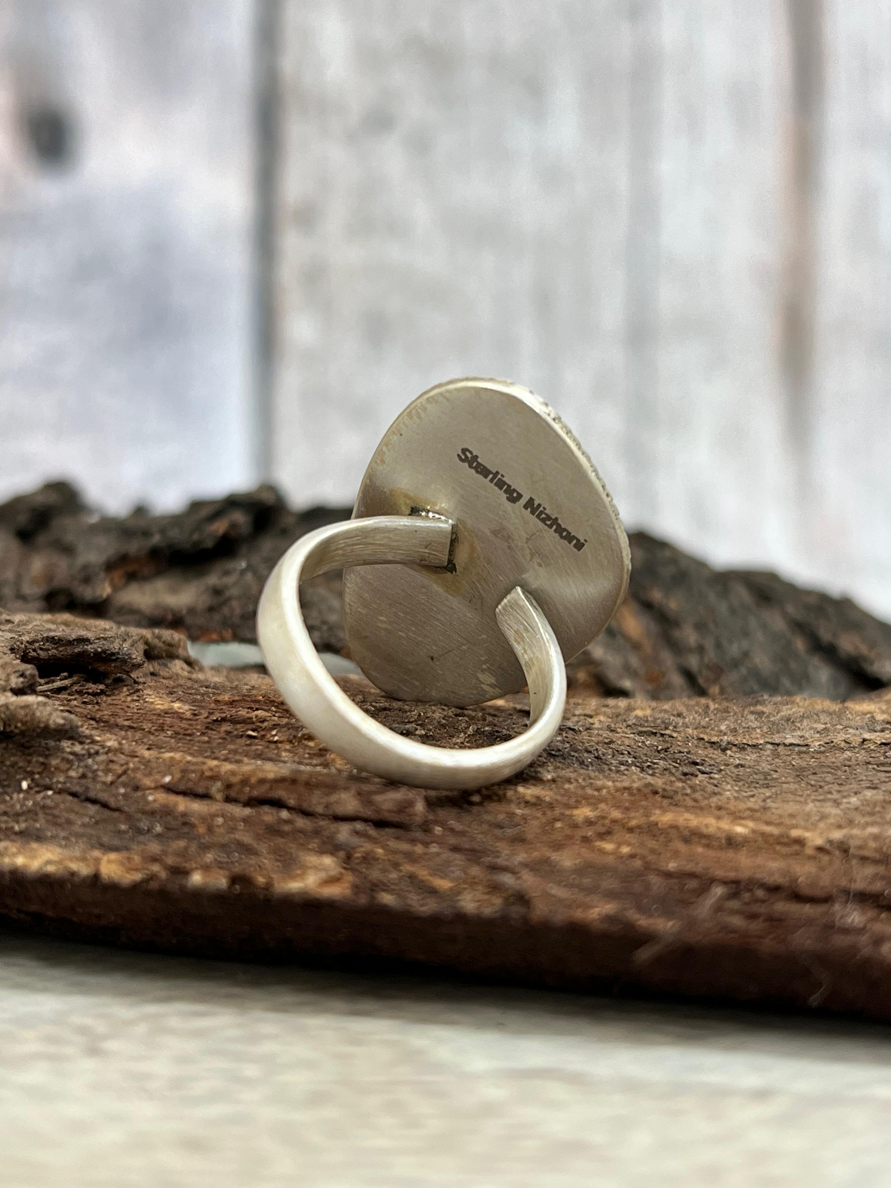 Handmade Sterling Silver Royston Turquoise Adjustable Ring with Signed Nizhoni