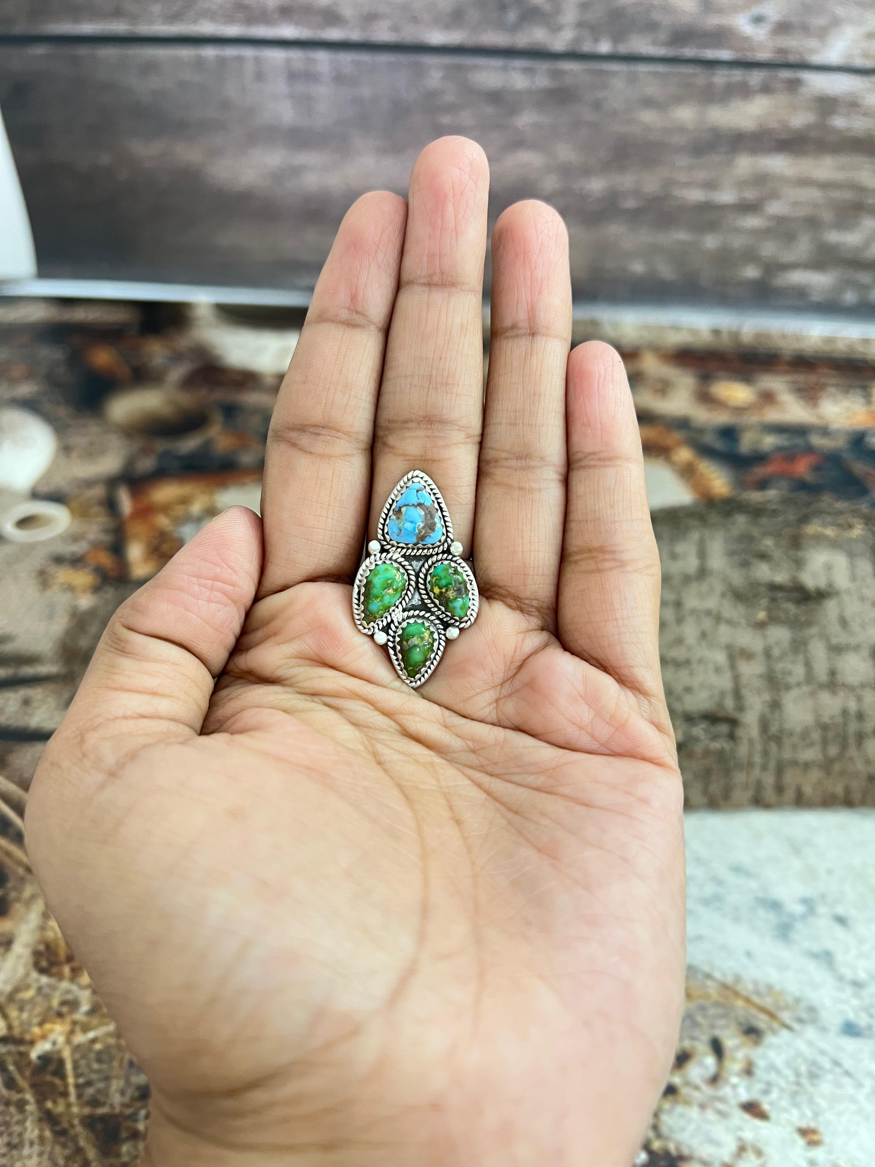 Handmade Sterling Silver Sonoran Mountain Turquoise, Golden Hills Turquoise Adjustable Ring, Signed Nizhoni (7)