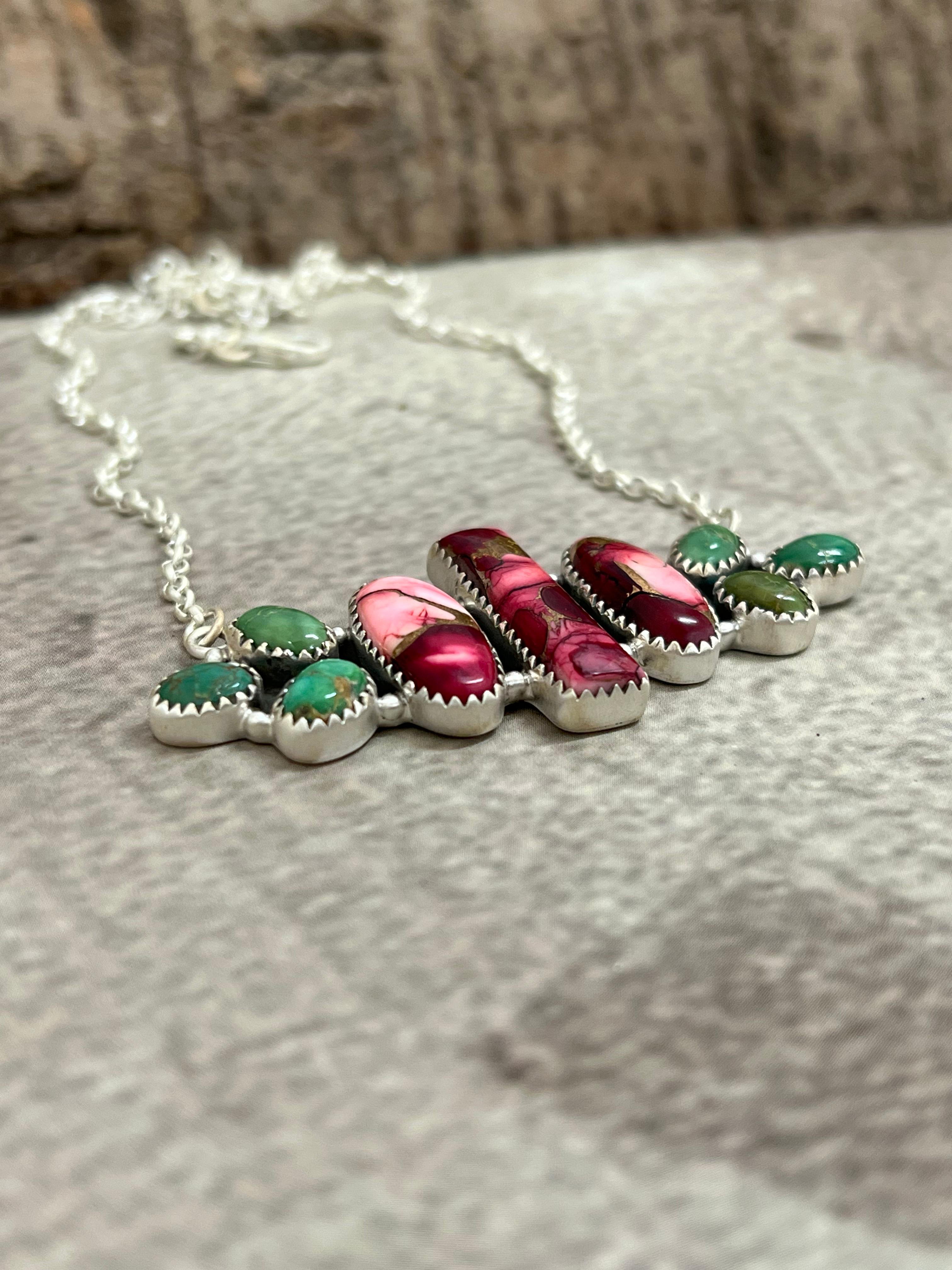 Handmade Sterling Silver Dahlia Rose with Emerald Valley Necklace with Signed Nizhoni