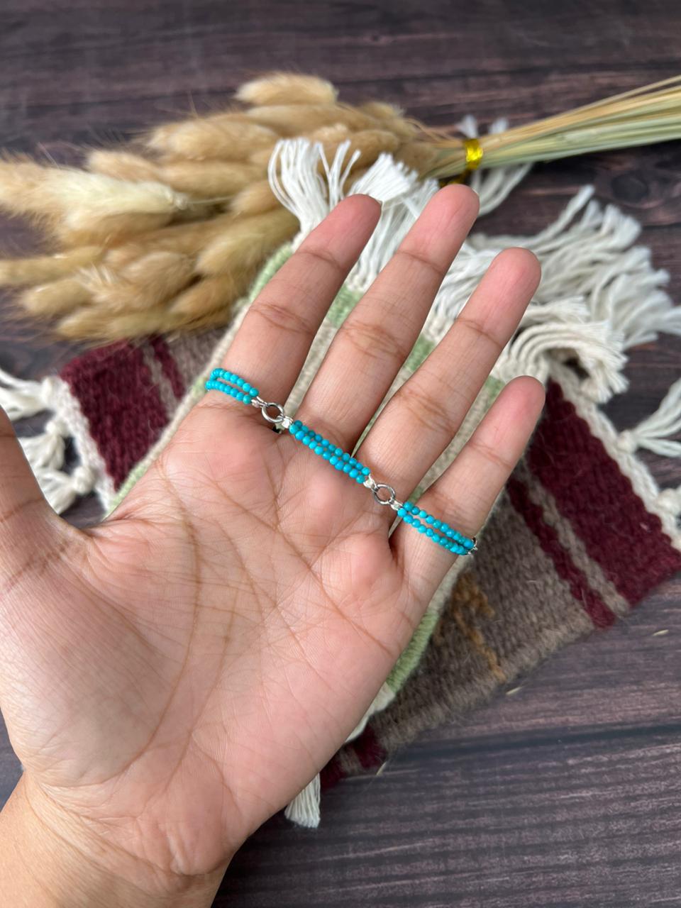 Handmade Sterling Silver Kingman Turquoise Beaded Bracelet "Signed Nizhoni"