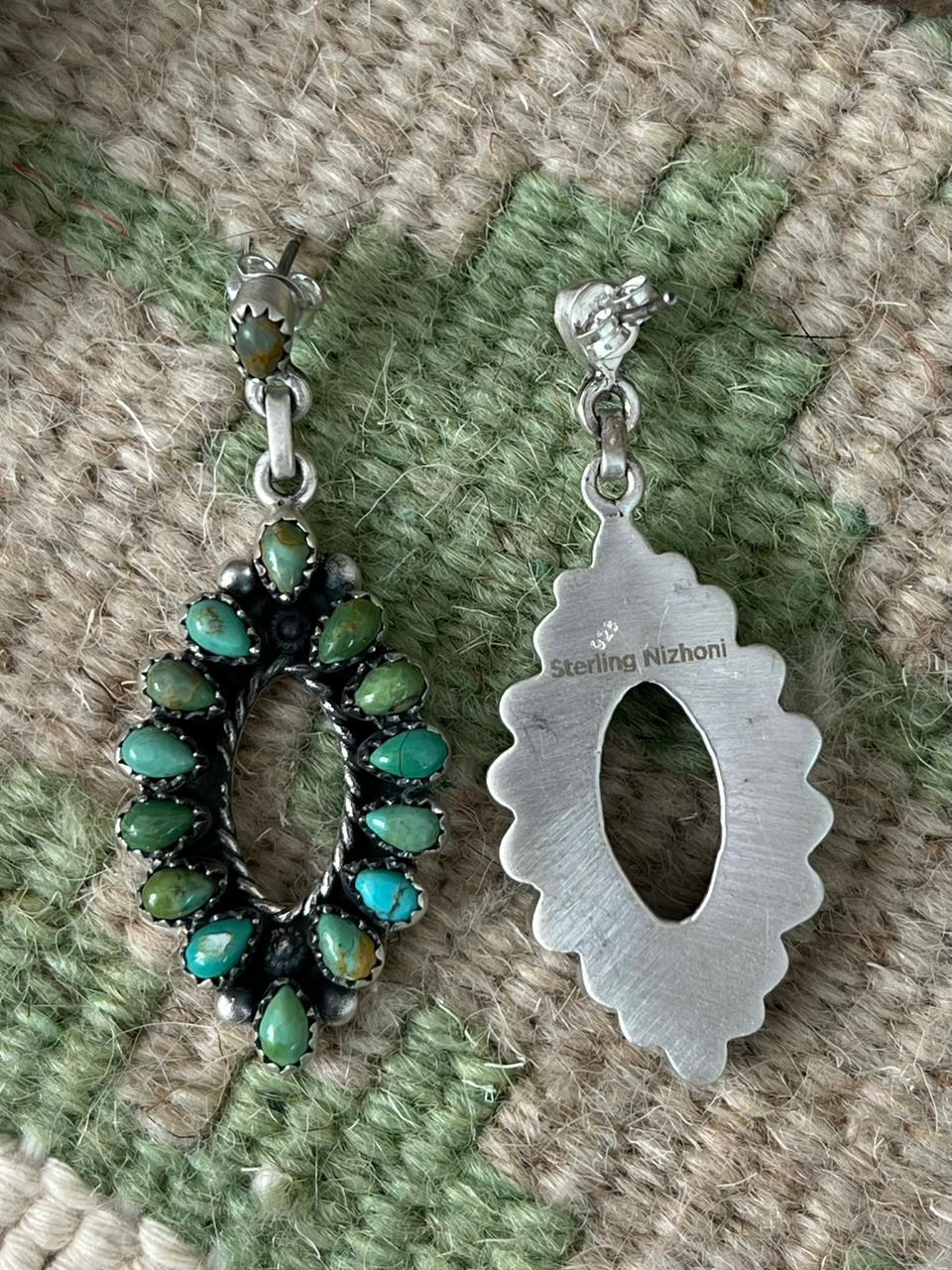 Handmade Sterling Silver Kingman Turquoise Post Dangle Earrings "Signed Nizhoni" (3)