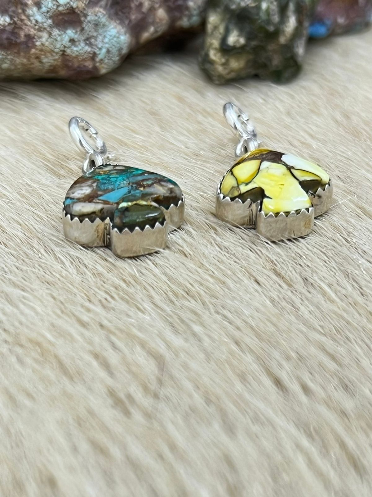 Handmade Sterling Silver Honey Dahlia, Royston Turquoise Spade Charms with Signed Nizhoni