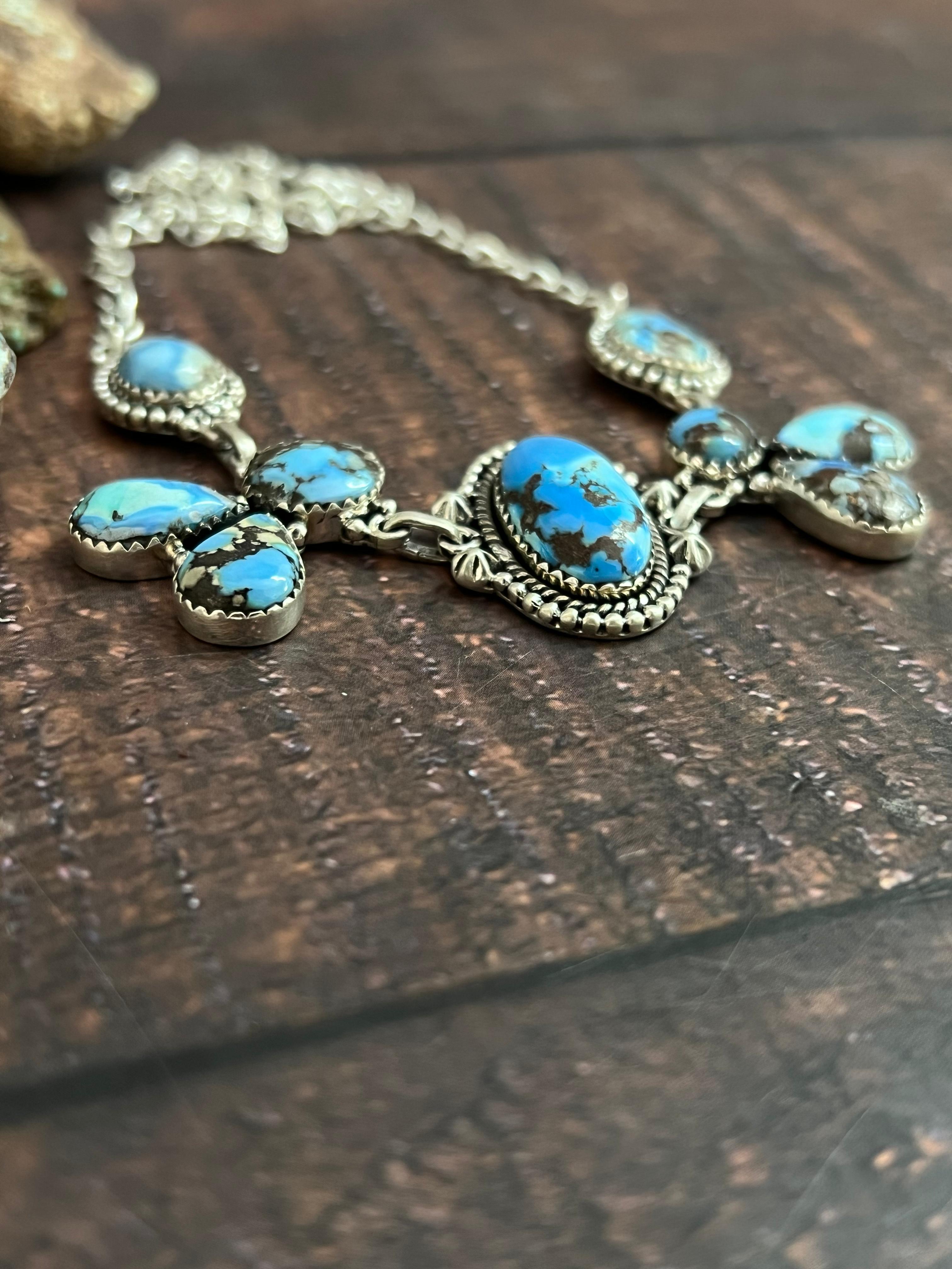 Handmade Sterling Silver Golden Hills Turquoise Necklace with Signed Nizhoni