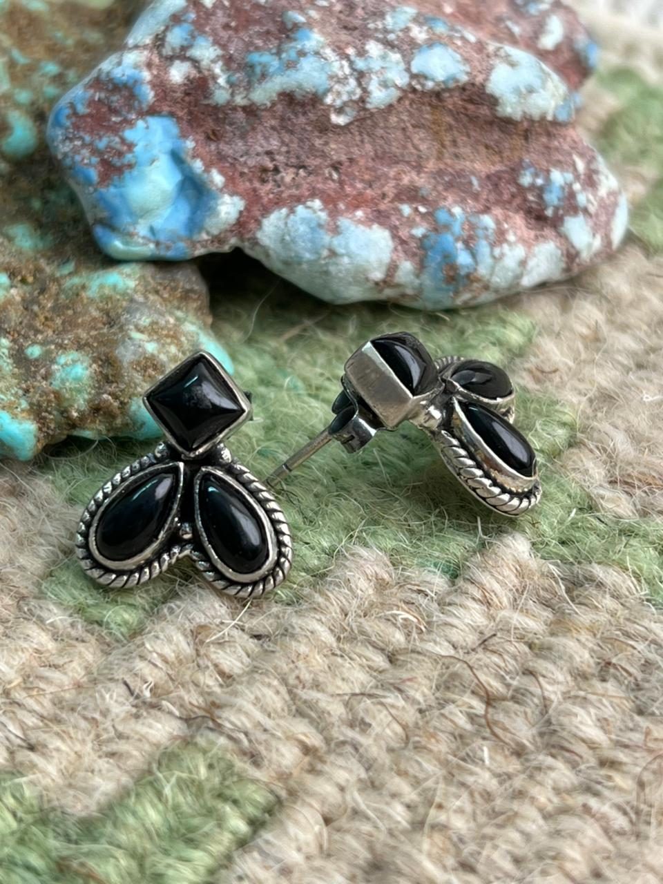 Handmade Sterling Silver Black Onyx Post Studs Earrings "Signed Nizhoni"