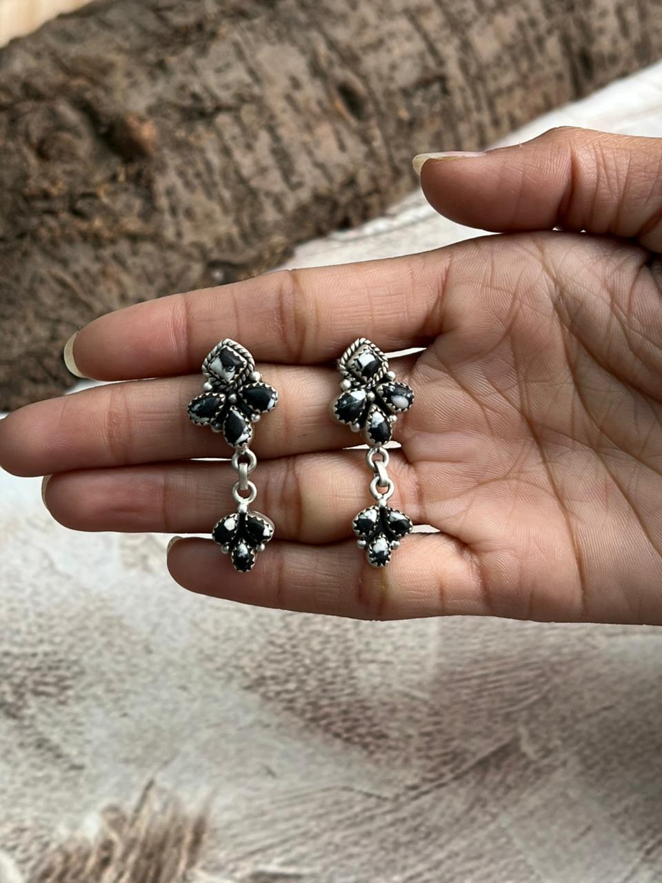 Handmade Sterling Silver White Buffalo Post Dangle Earrings "Signed Nizhoni"