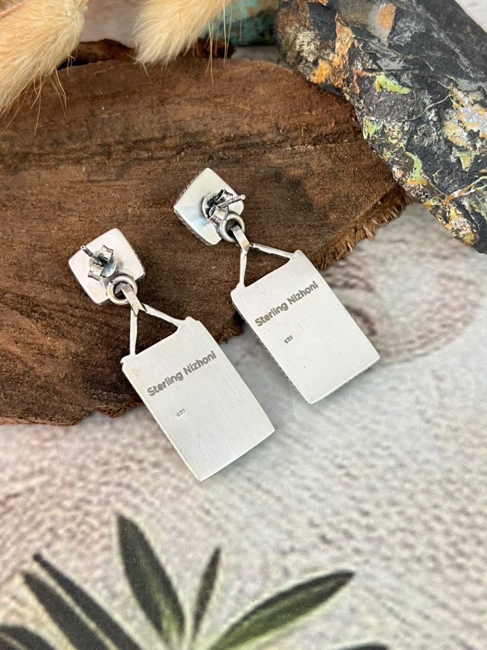 Handmade Sterling Silver Kingman Turquoise Post Dangle Earrings Signed Nizhoni