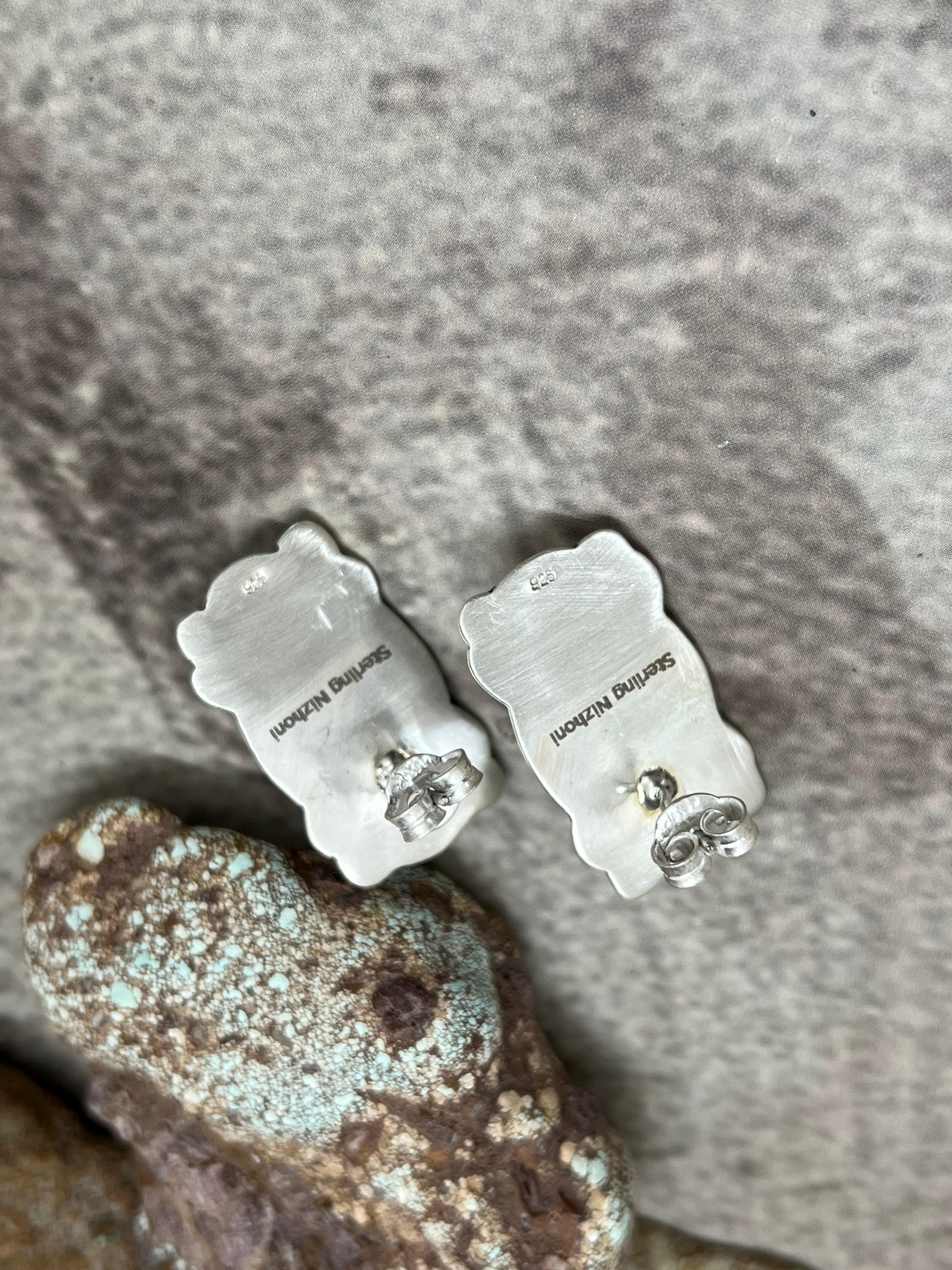 Handmade Sterling Silver White Buffalo Post Studs with Signed Nizhoni