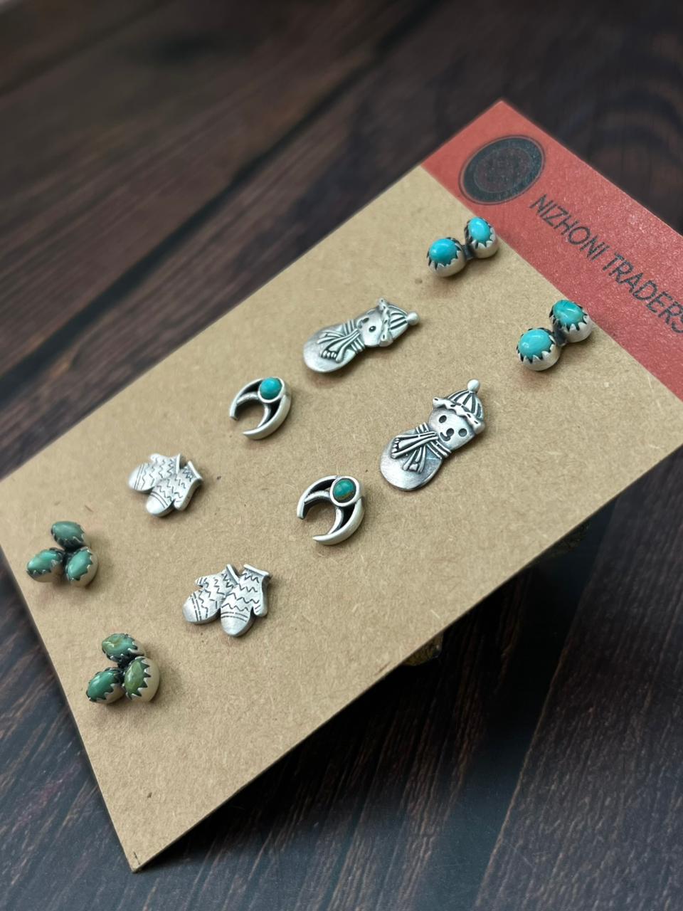 Handmade Sterling Silver Kingman Turquoise Post Studs Earrings Set