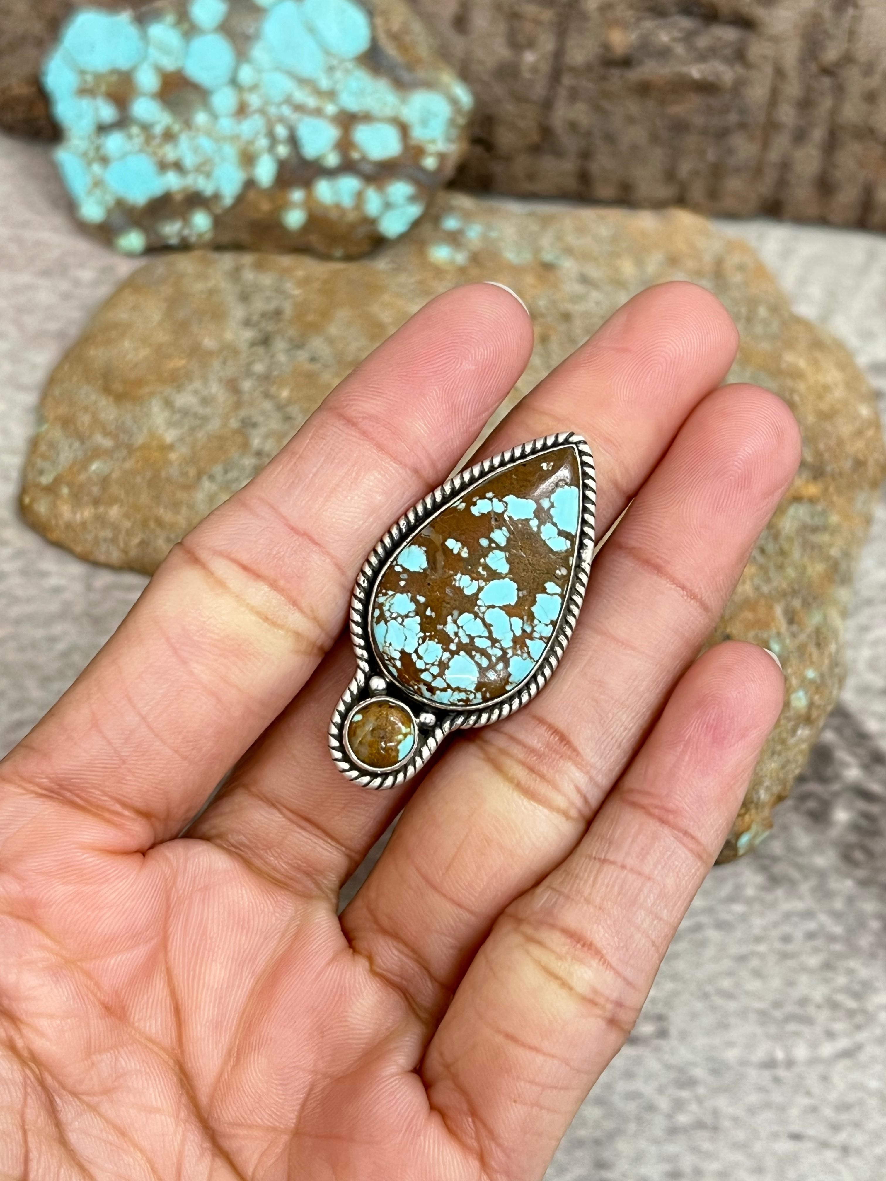 Handmade Sterling Silver Number 8 Turquoise Adjustable Ring with Signed Nizhoni