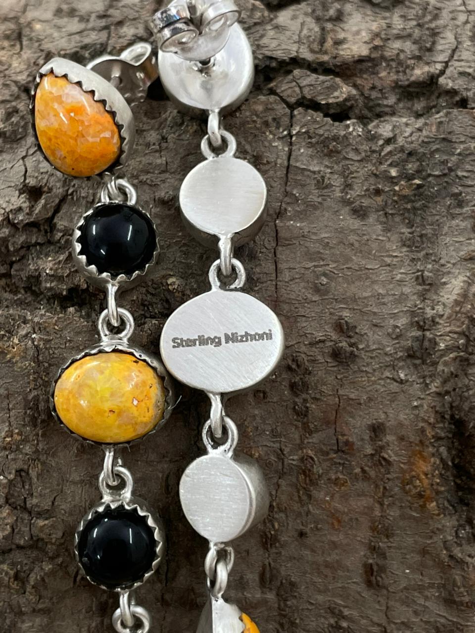 Handmade Sterling Silver Bumblebee with Black Onyx Post Dangle Earrings with Signed Nizhoni