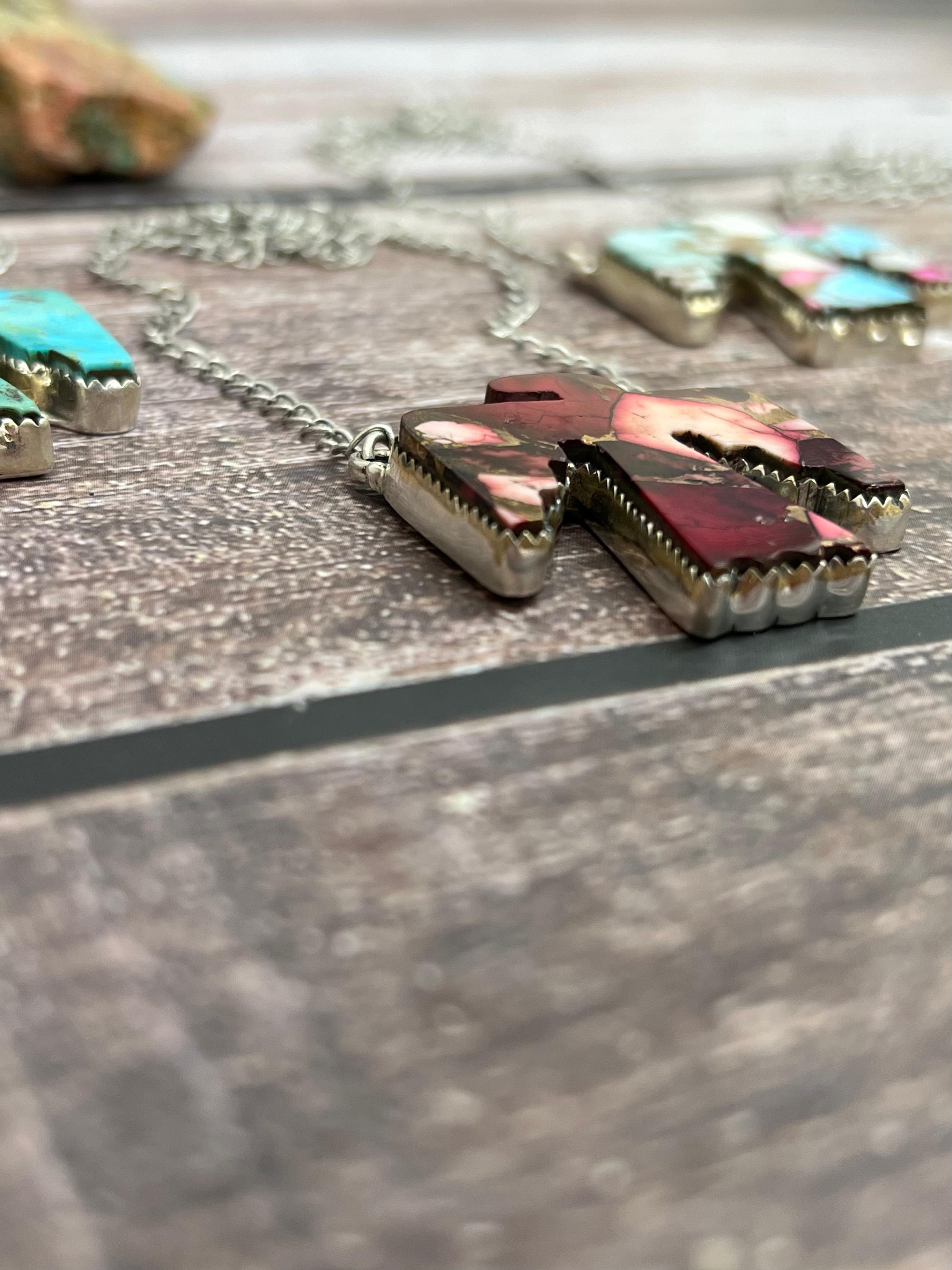 Handmade Sterling Silver Multi Stones Thunderbird Necklace with Signed Nizhoni