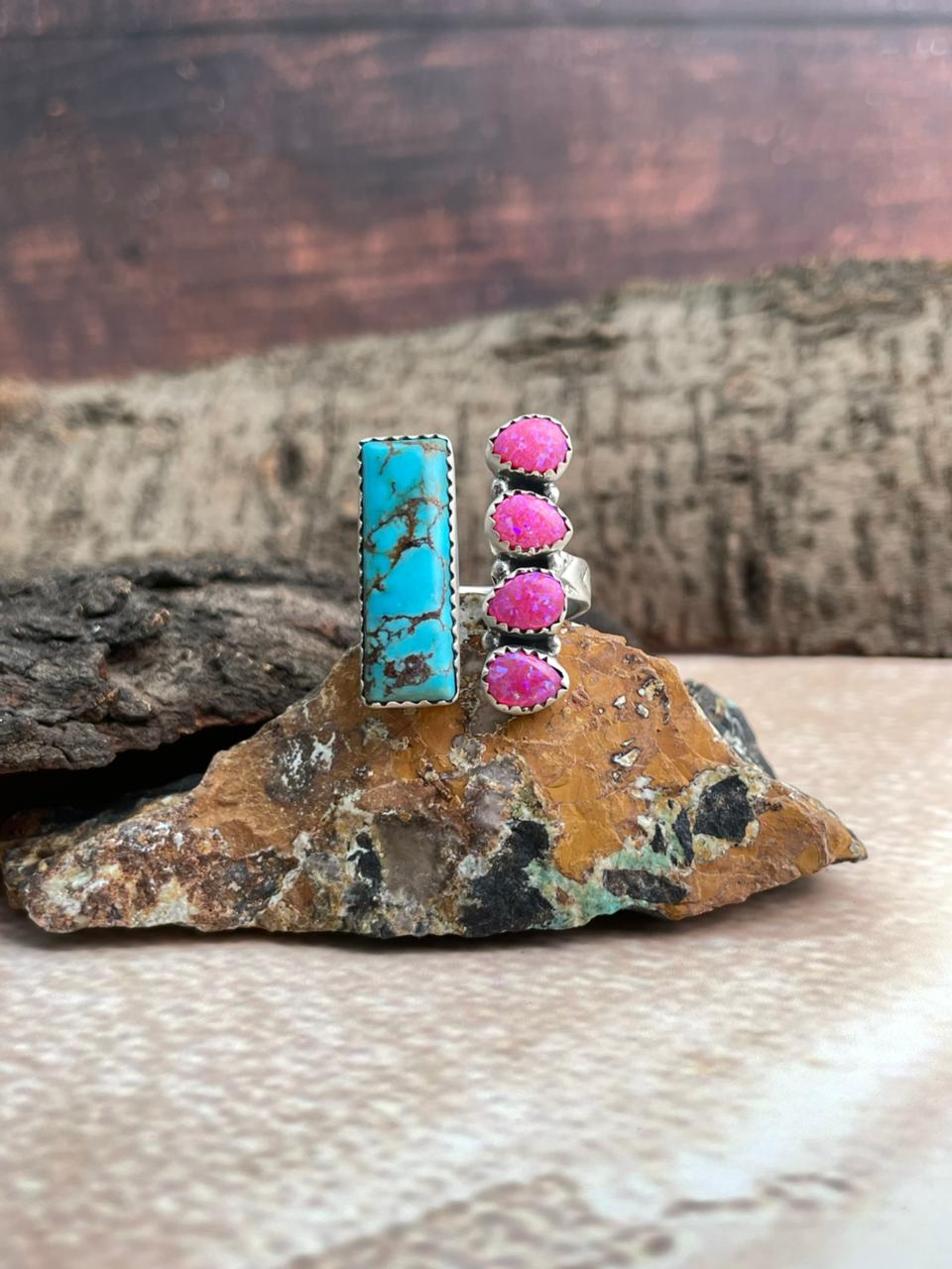 Handmade Sterling Silver Hot Pink with Arizona Turquoise Adjustable Ring "Signed Nizhoni"