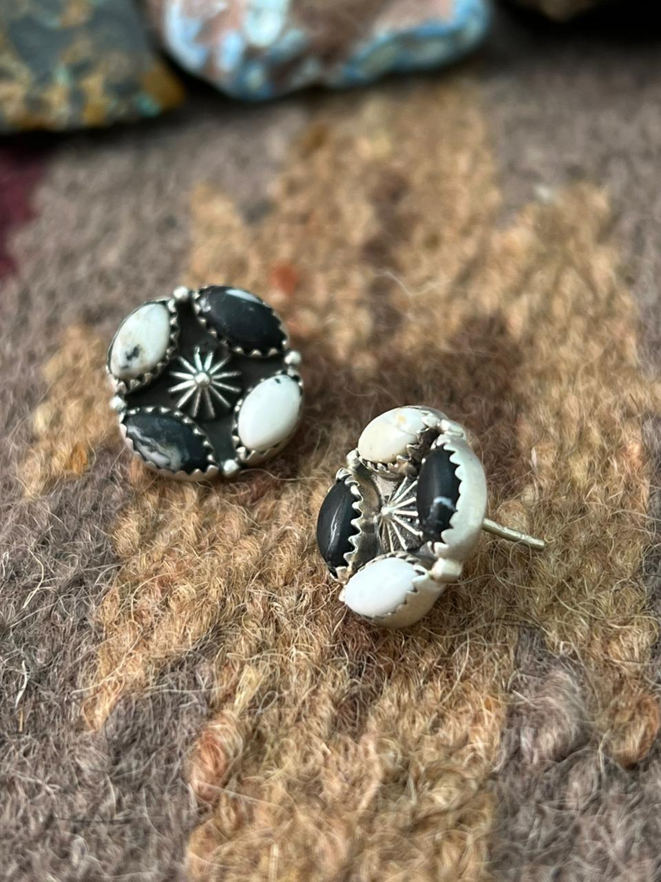 Handmade Sterling Silver White Buffalo Post Studs Earrings "Signed Nizhoni"