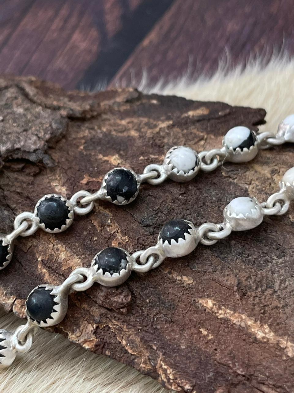 Handmade Sterling Silver White Buffalo Post Dangle Earrings "Signed Nizhoni" (4)