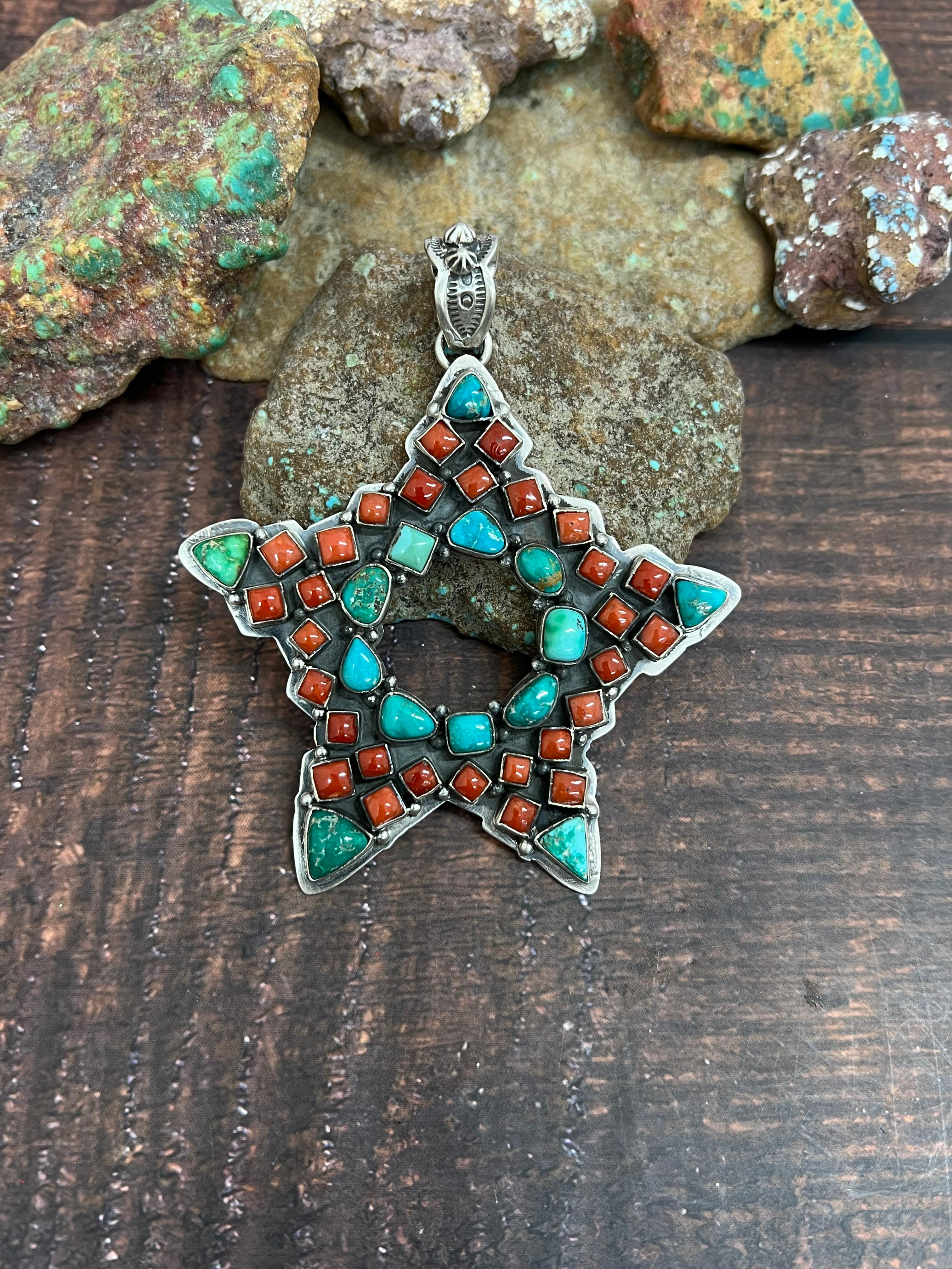 Handmade Sterling Silver Coral with Emerald Valley Star Pendant, Signed Nizhoni